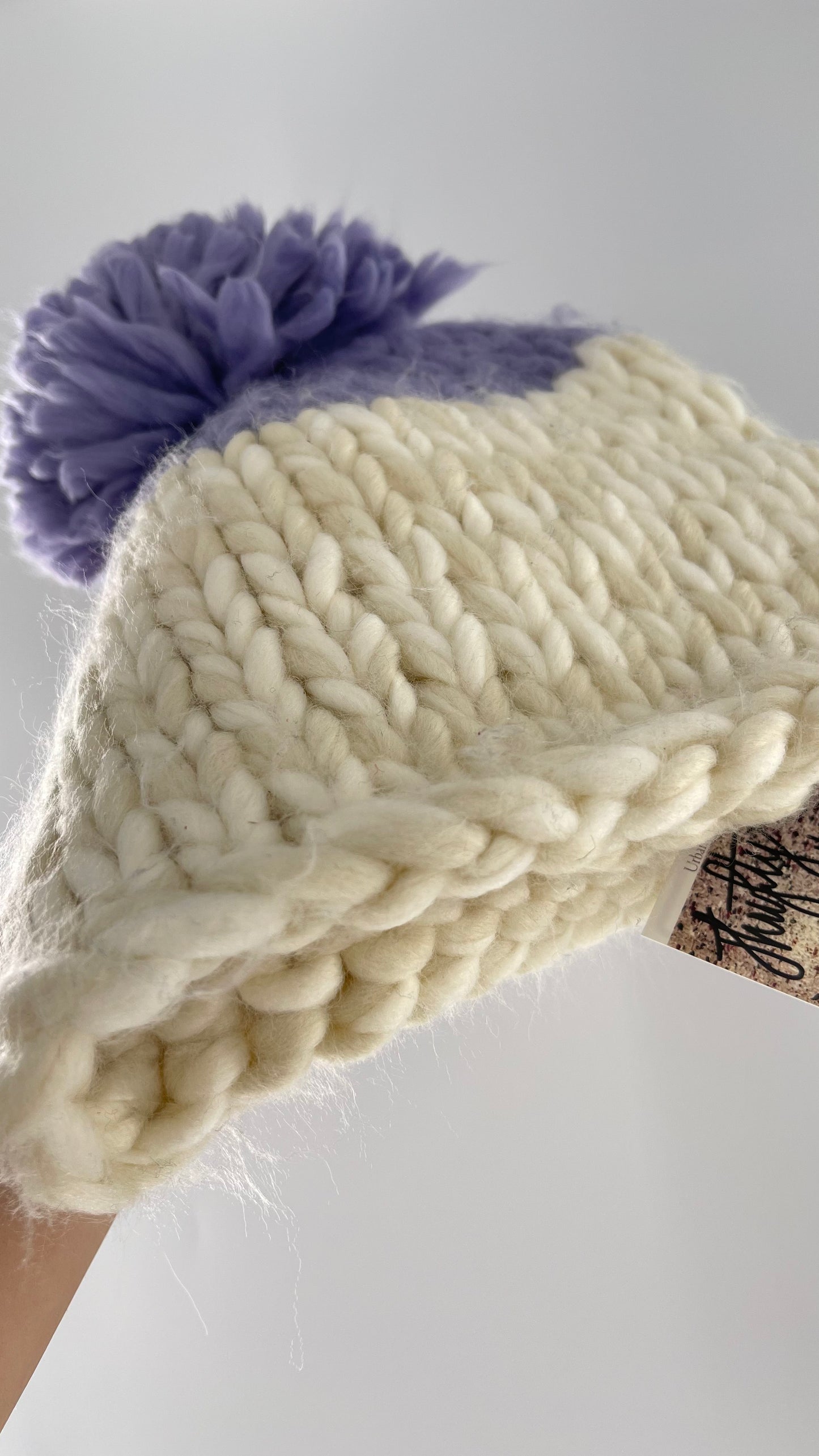 Free People White Knit Beanie with Lilac/Lavender Pom