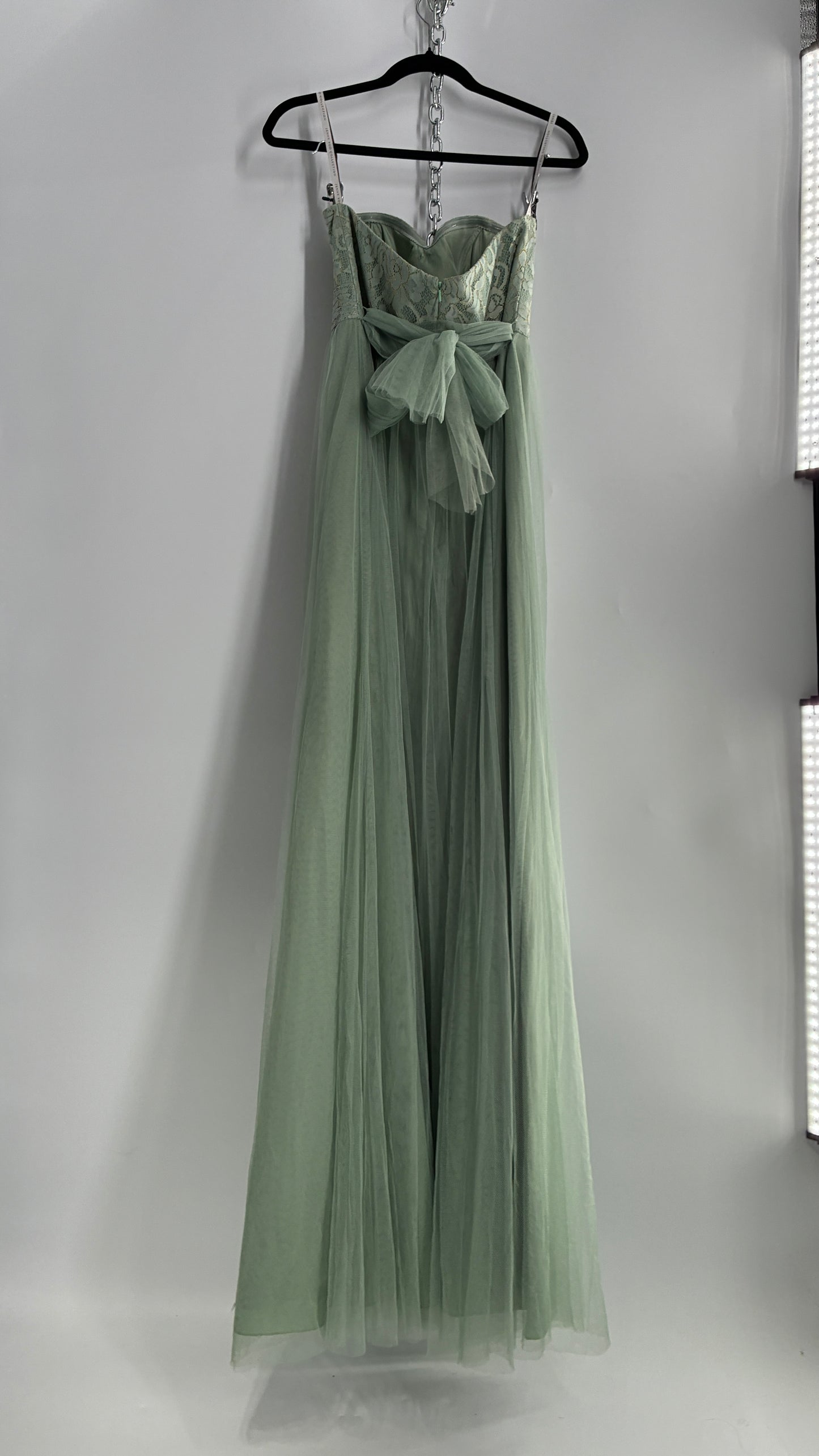 Jenny Yoo Seafoam Green Tulle Full Length Dress with Lace Corset Bodice (8)