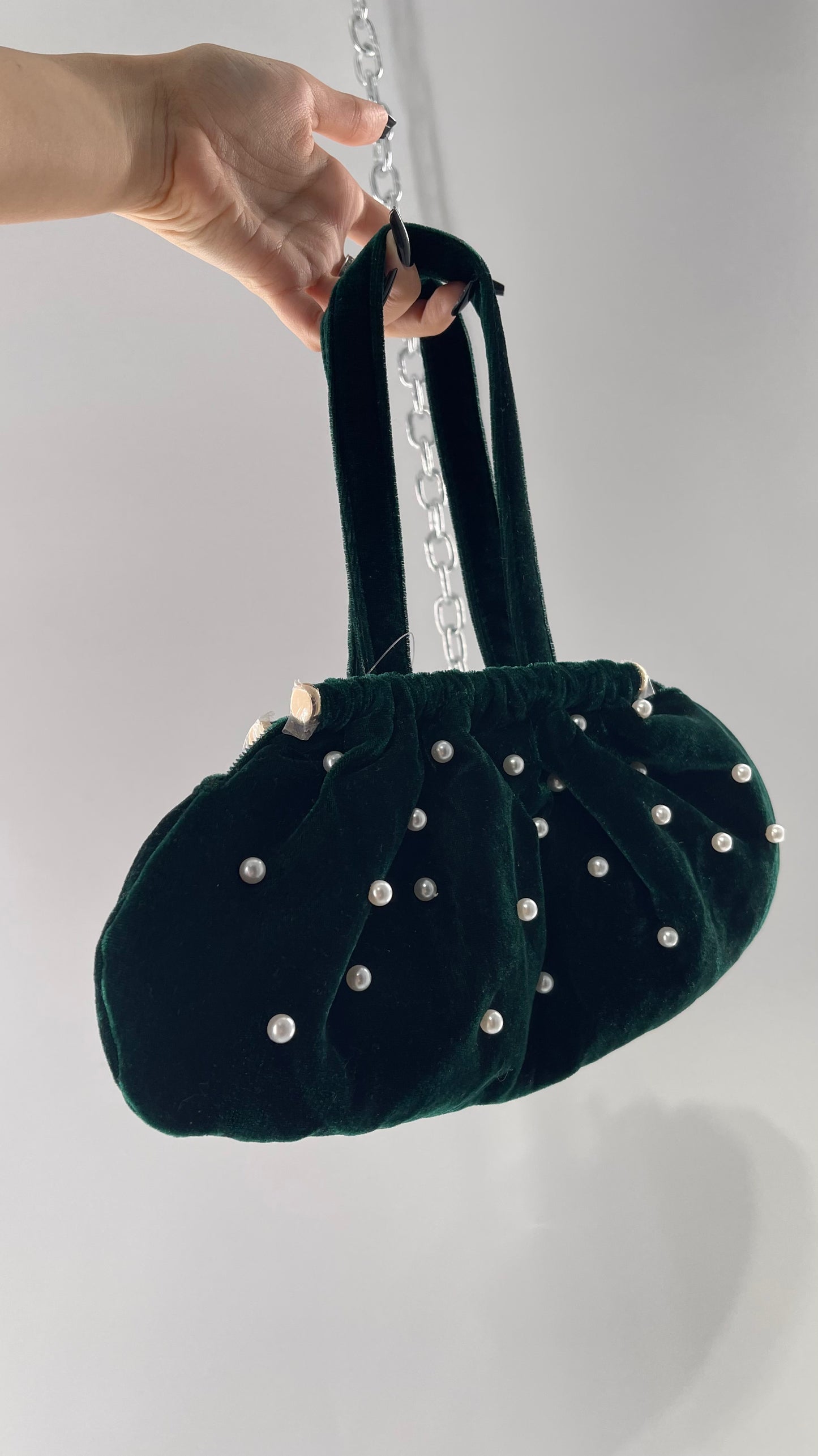 Vintage Deep Green Velvet Purse Covered in Pearls, and Featuring Gold Metal Closure Still Lined in Protective Plastic