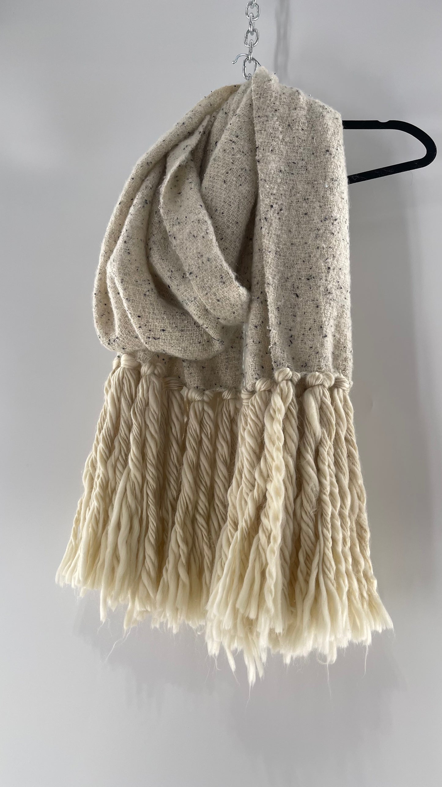 Anthropologie White/Off White Heavy Knit Cold Weather Scarf with Braided Fringe with Tags Attached (One Size)