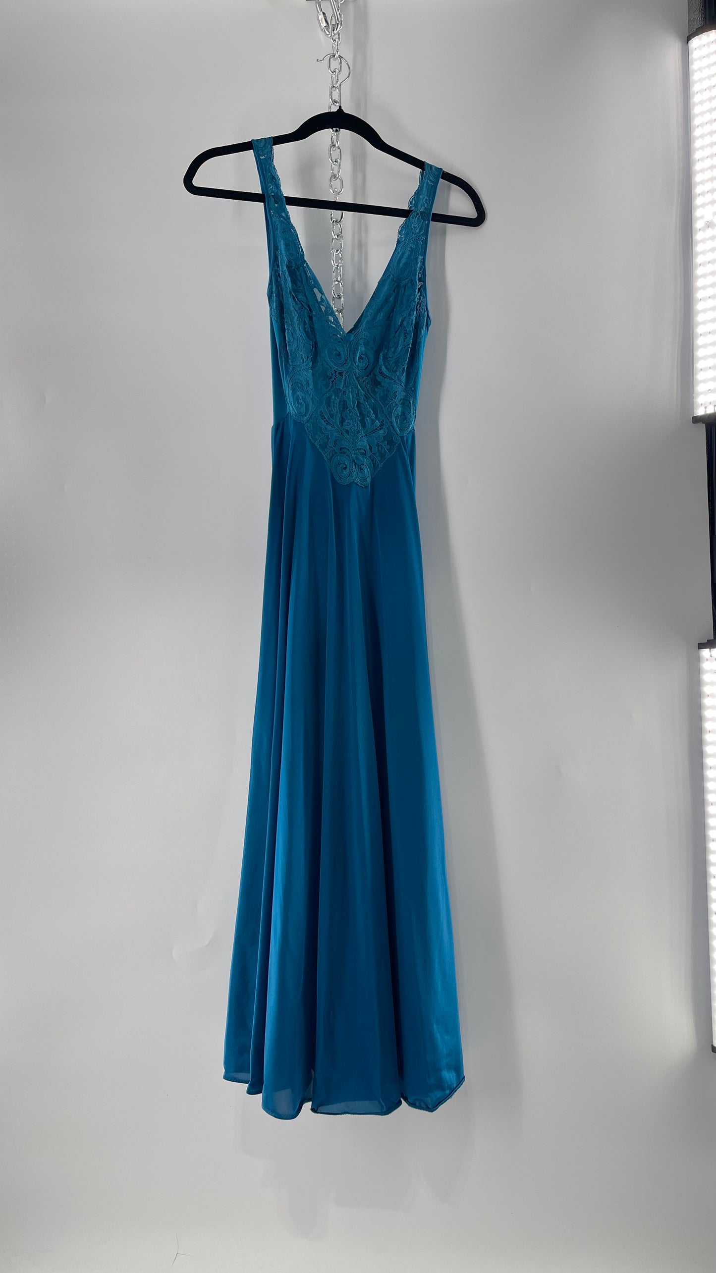 Vintage Olga Intimates Floor Length Voluminous Blue Jewel Toned Maxi Dress/Night Gown with Lace Bust (Small)