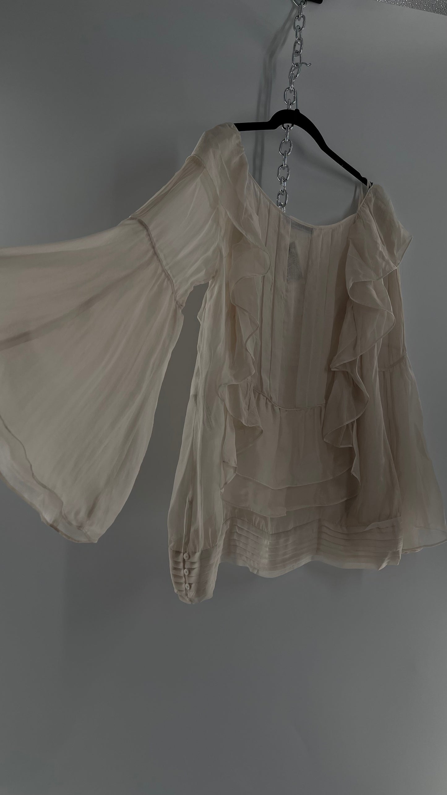 ZARA Ruffled and Embroidered Bell Sleeve Blouse (Large)