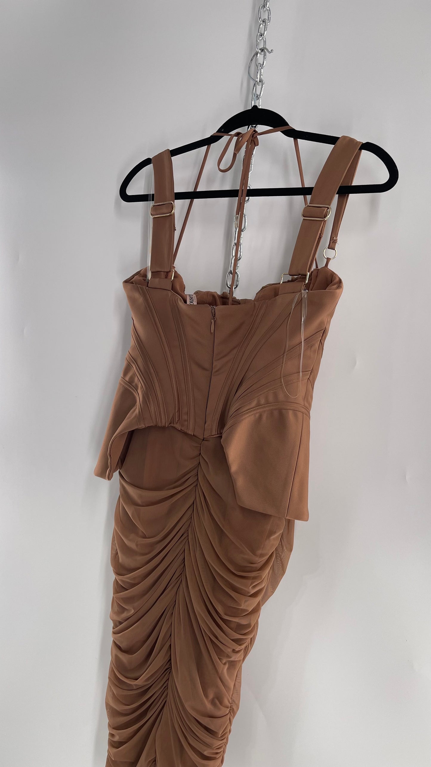 House of CB Talya Toffee Satin Corset Midi Dress with Ruched Skirt (Medium)