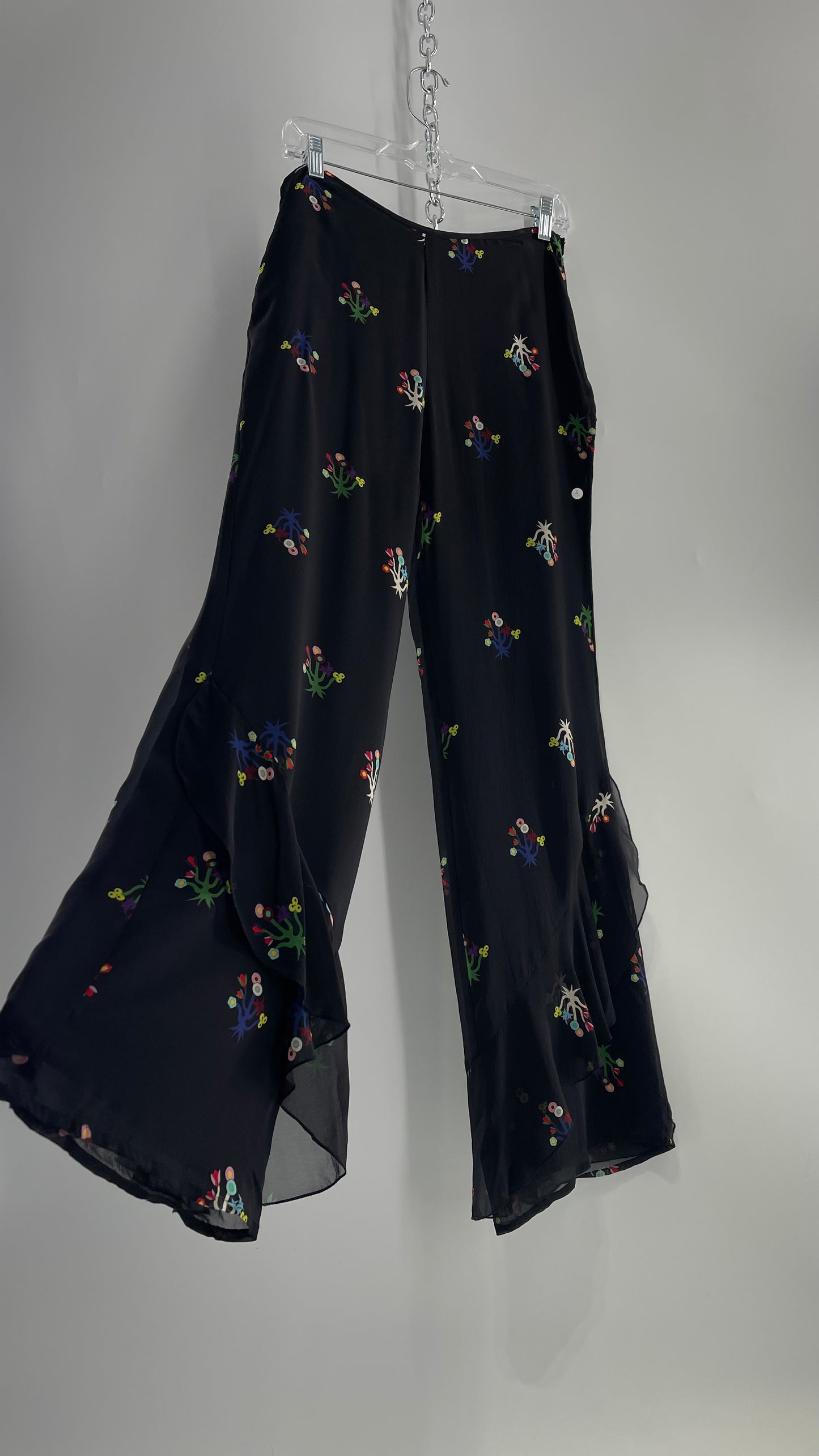 Cynthia Rowley Black Flared Pants with Colorful Abstract Florals, Dual Lining and Ruffle Trim (4)