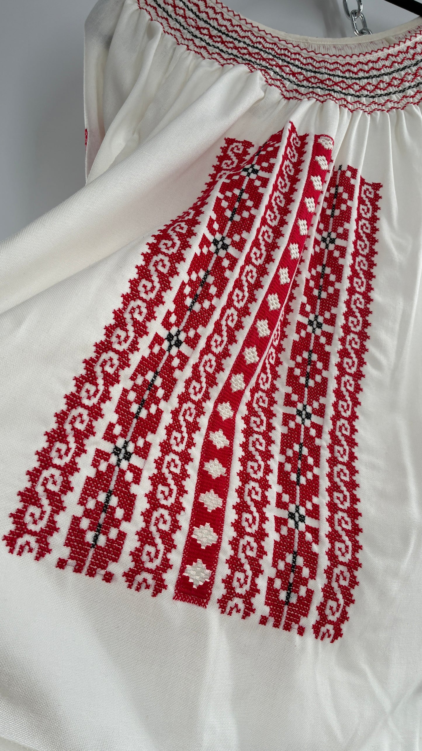 Vintage 1970s LUX FOLKLOR Budapest Handmade Cotton Long Sleeve and Skirt Covered in Red Embroidery and Stitching