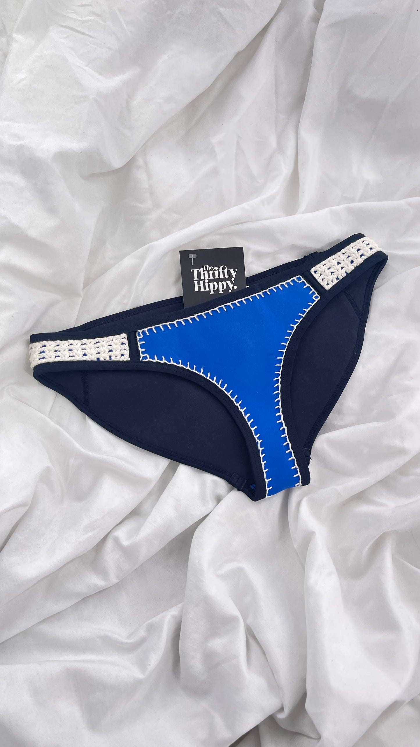 TRIANGL Swim Royal Blue and Black Neoprene Swim Bottoms with Crochet Sides (Small)