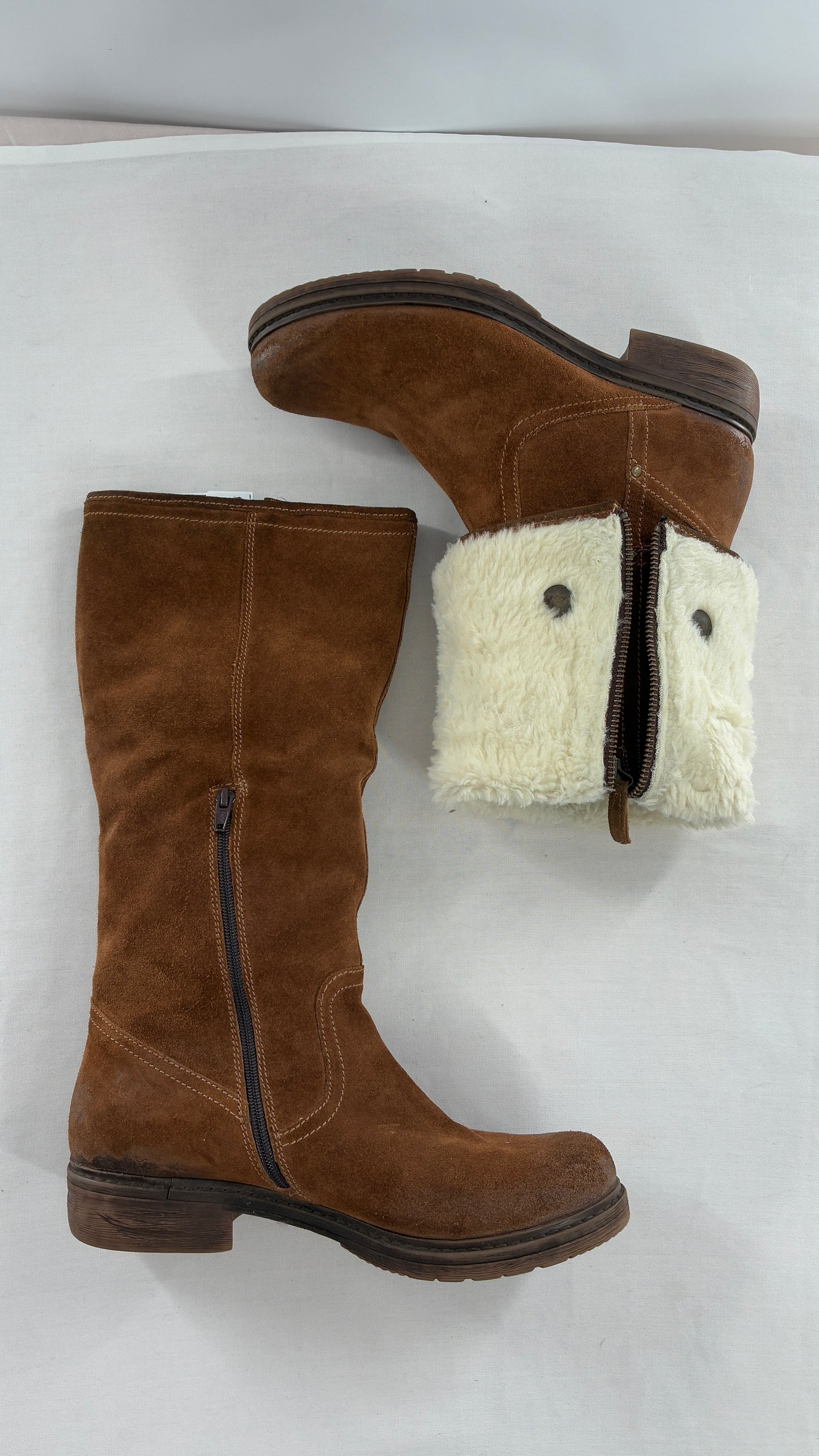 MANAS Brown Suede Leather Combat Style Boots with Fold Over Option (40)