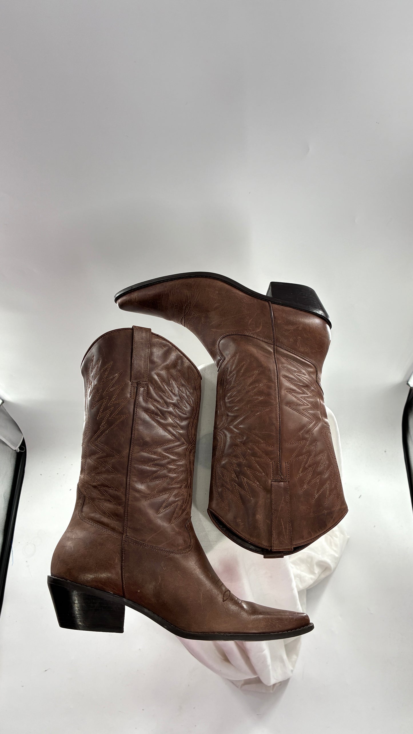 Vintage Genuine Leather Brown Cowboy Boots Made in Brazil (9.5)