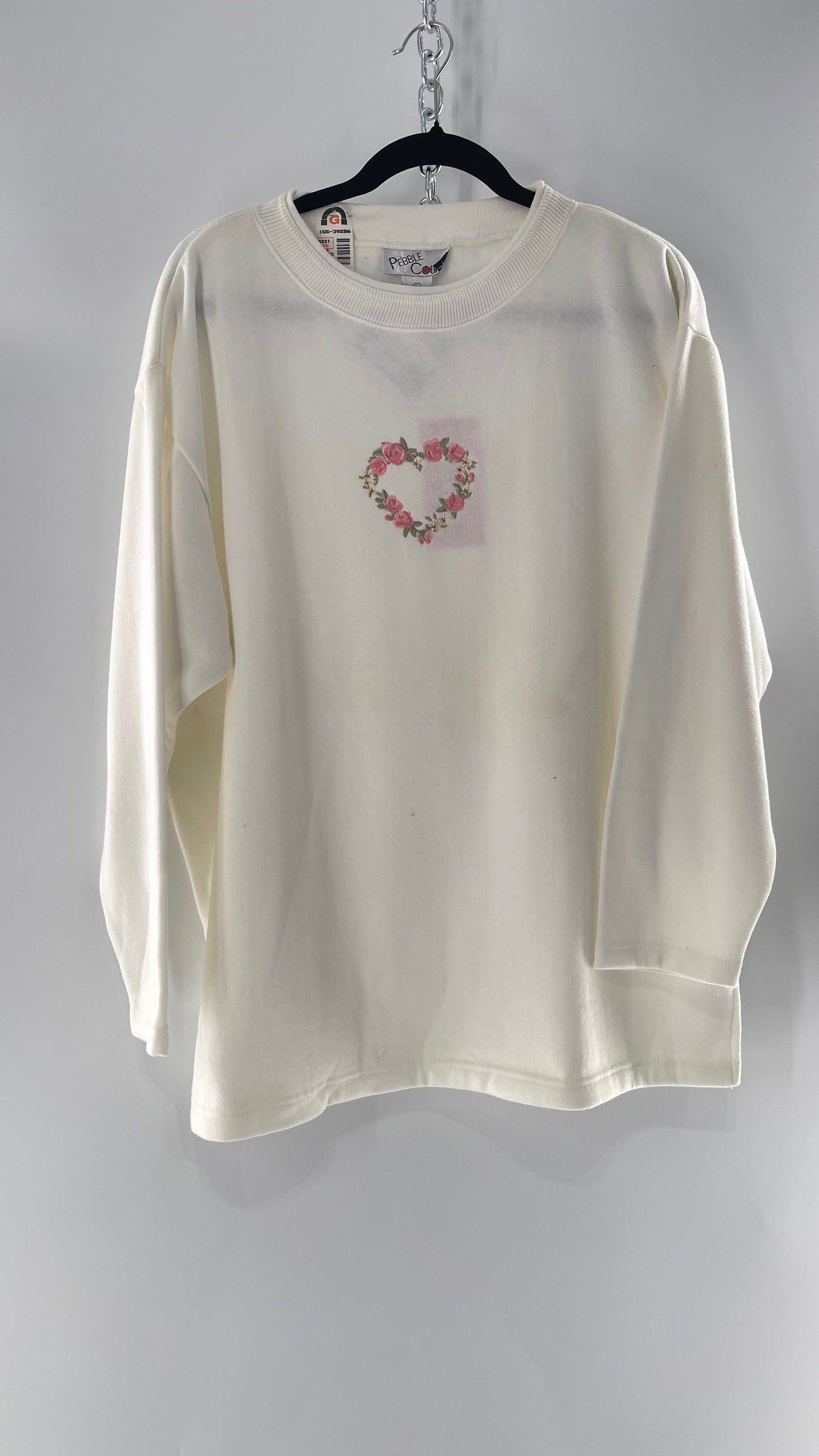 Deadstock 1990s Vintage Pebble Court Pink Rose Embroidered Heart Ivory Crewneck (Large)