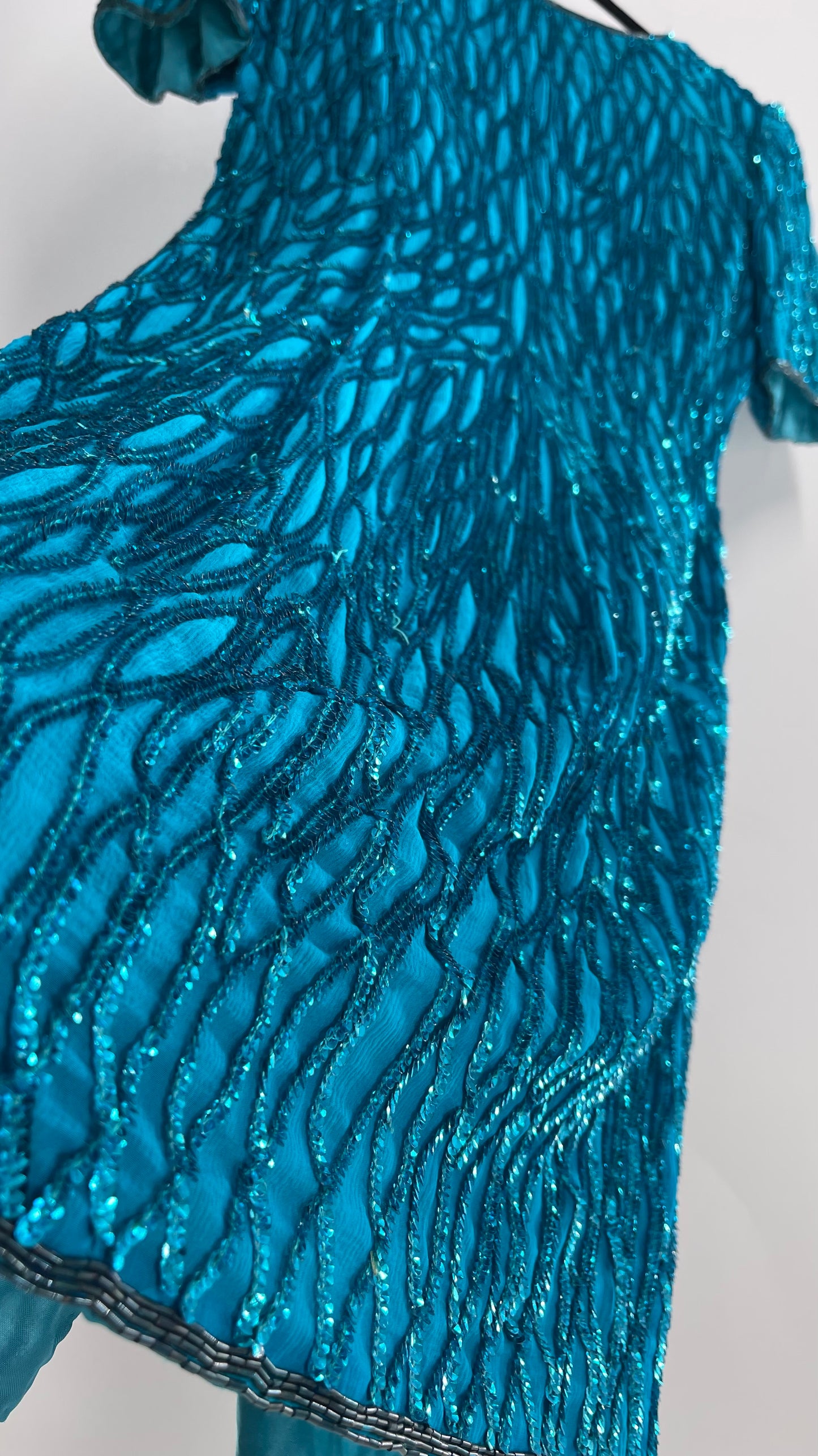 Vintage Sténay 100% Silk Bright Blue Sequin Mini Dress (4)