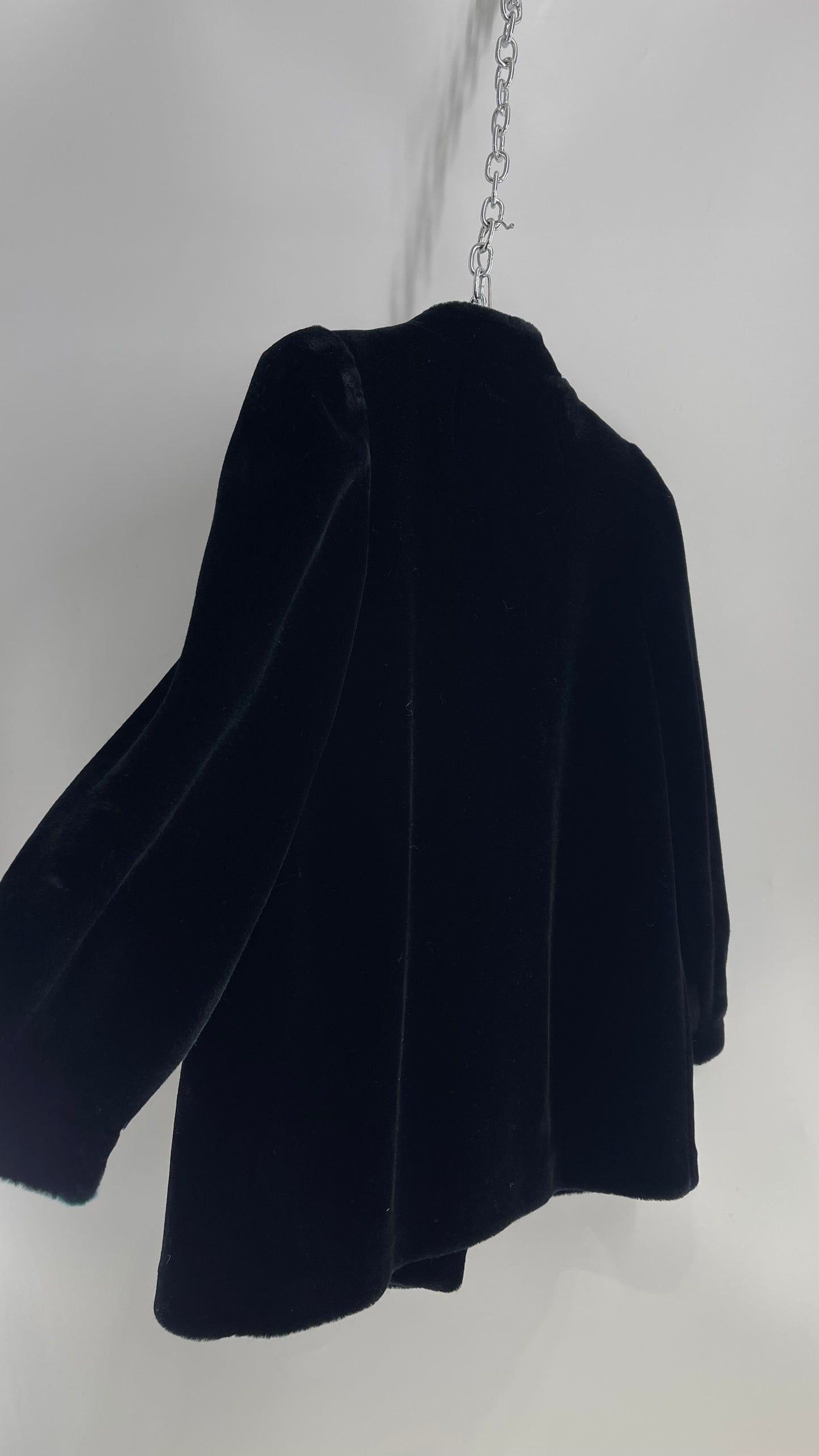 Vintage SASSON Black Faux Fur Coat with Embroidered Leather Patch Detail (Small)