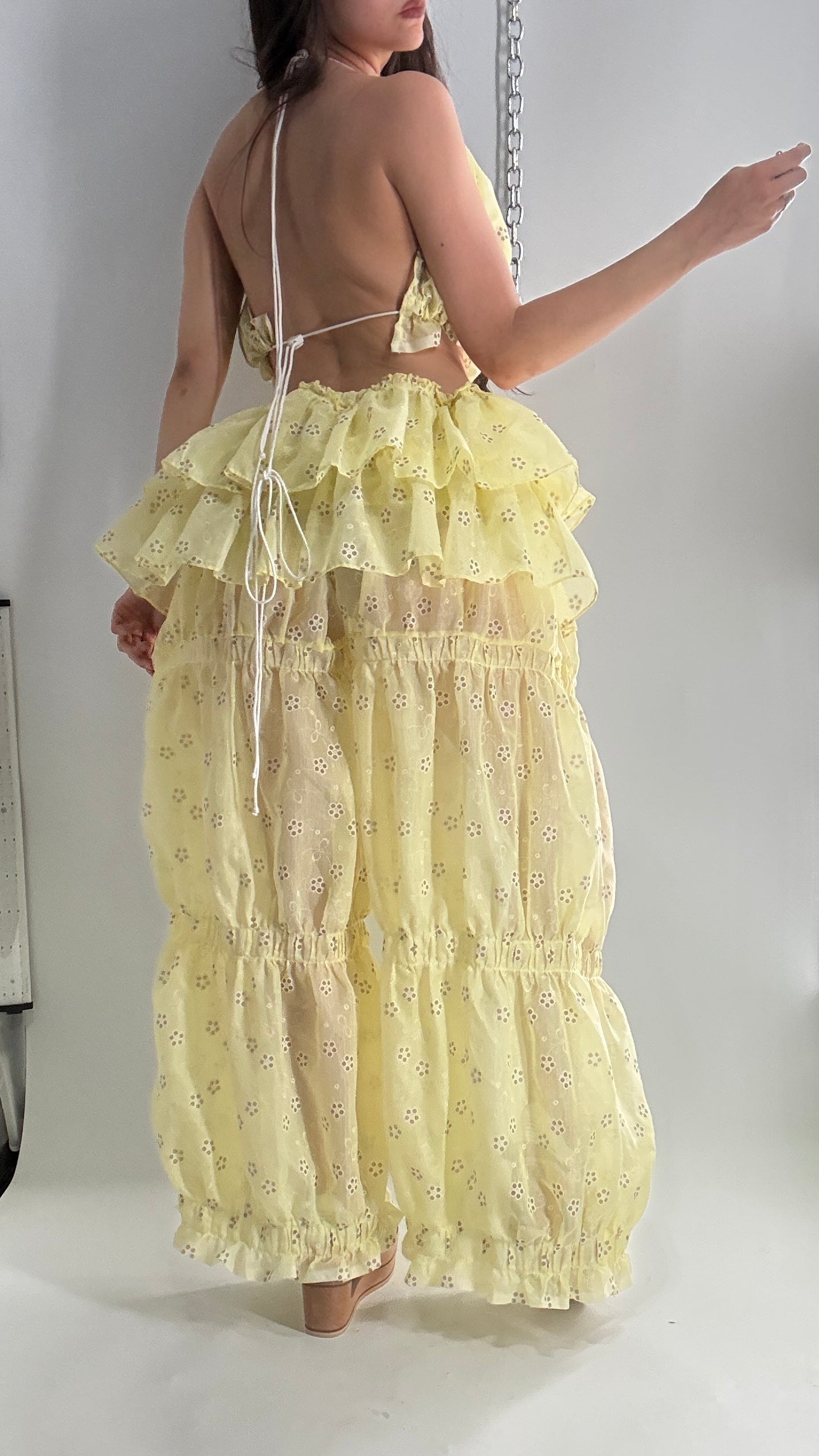 Vintage Handmade 2pc Baby Yellow Set with Tiered Pants, Ruffled Bum, and Floral Eyelet Pattern (XS-M)