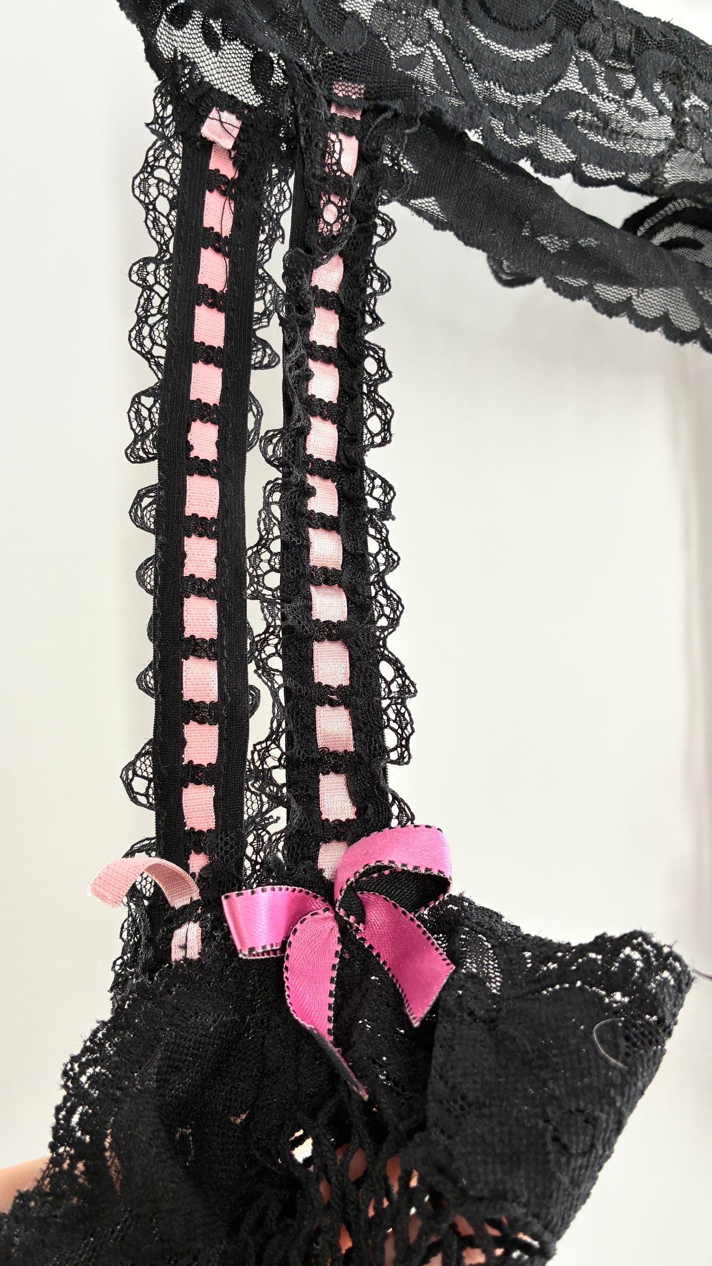 Vintage Black Mesh Garter Tights with Pink Ribbons, Lace, and Bows (One Size)