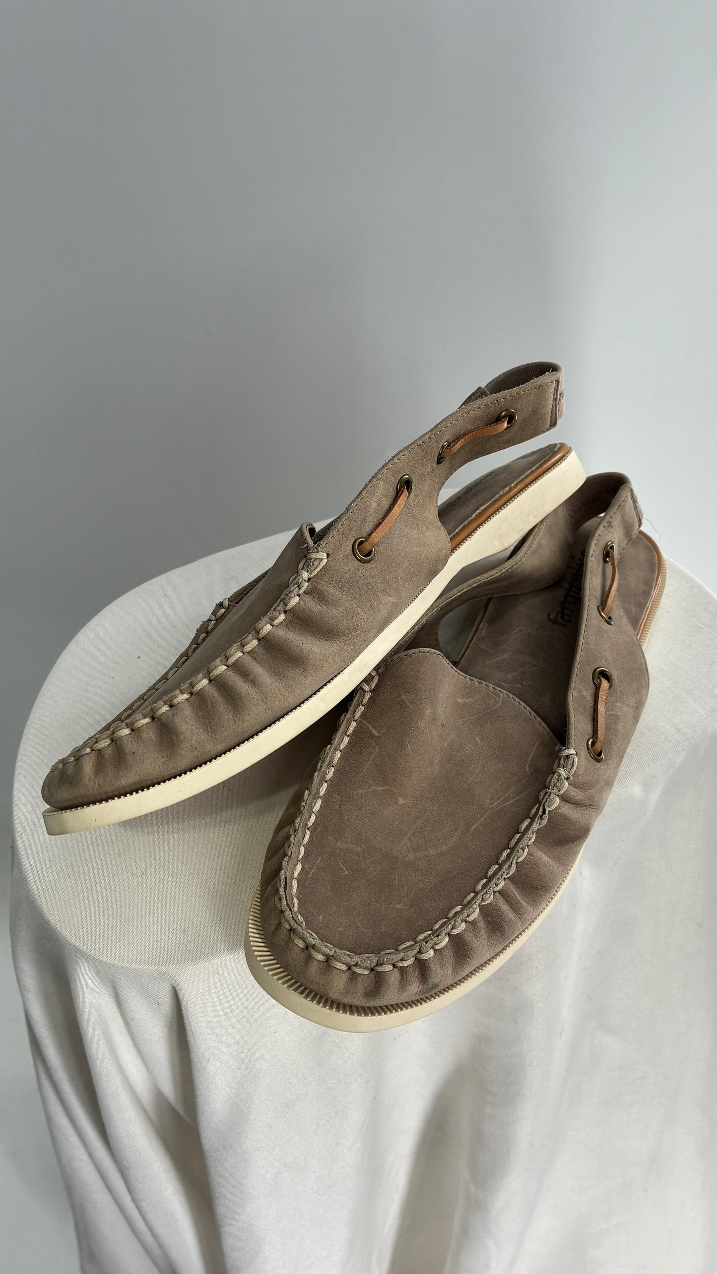 FARYL ROBIN Genuine Leather Taupe Slingback Boat Shoes (9)