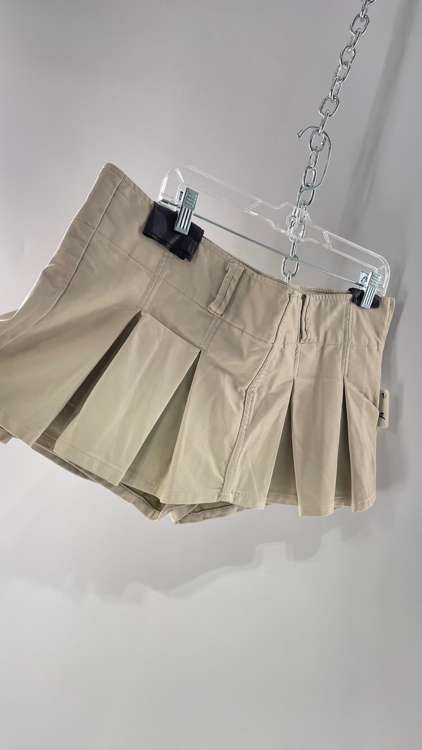 Free People Off White Pleated Vegan Leather Ultra Micro Mini Skirt with Hidden Built in Shorts (12)