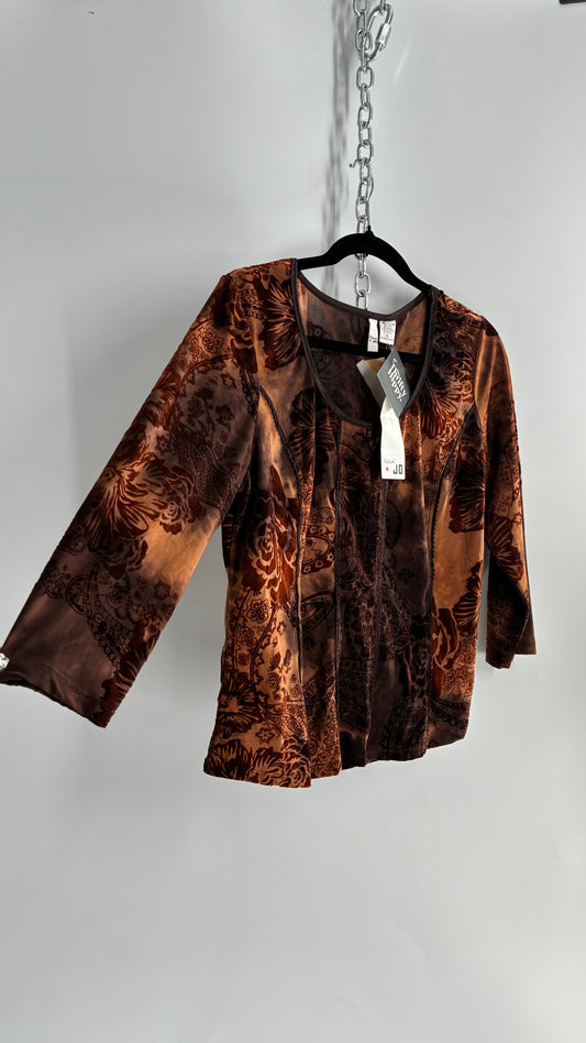 1990s Vintage SAMI + JO Velvet Burnout Brown and Orange Top (XL)
