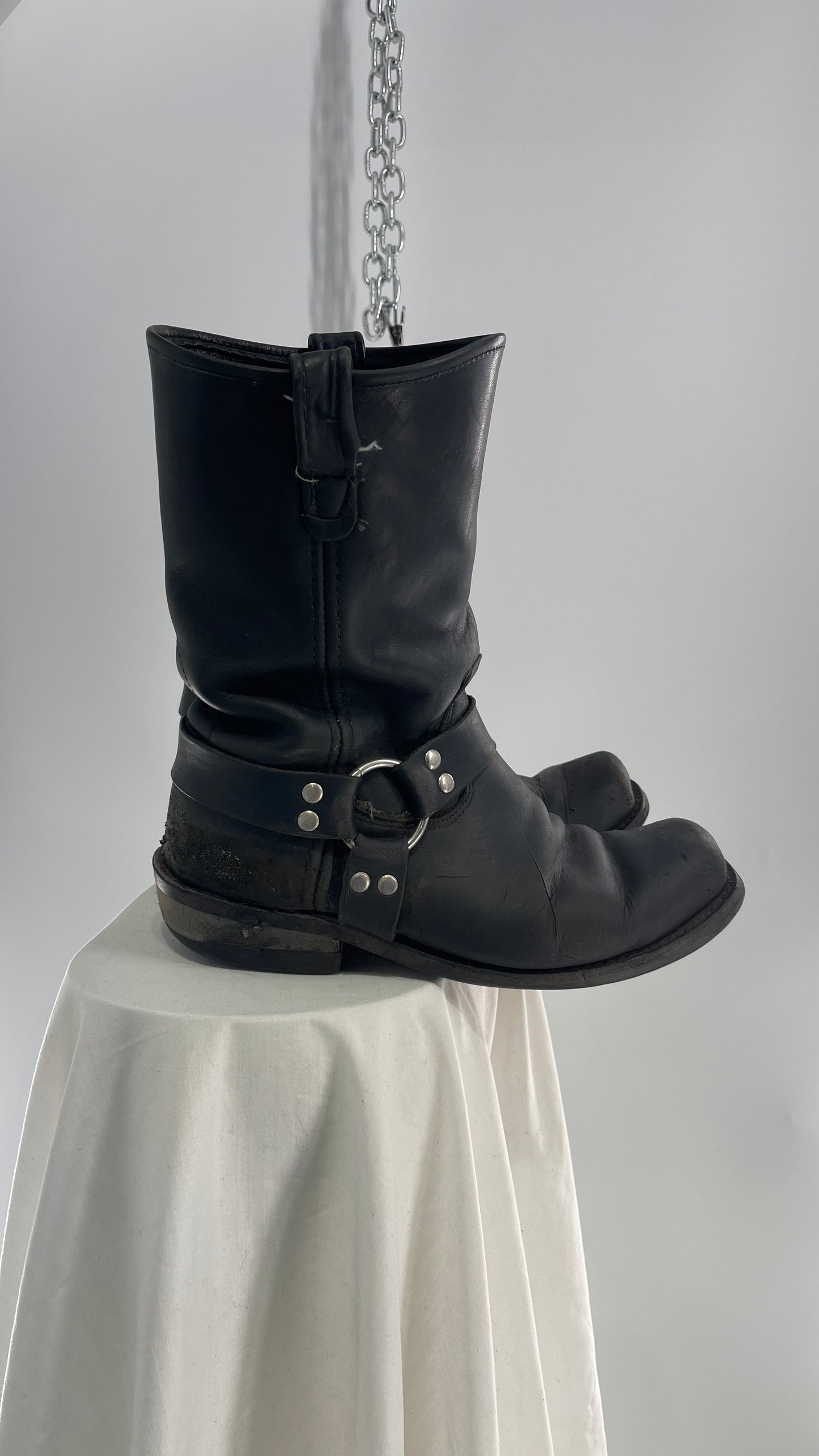 Vintage SIERRA Black Heavy Duty Sloppy Scuffed Distressed Leather Motorcycle Boots (10.5)