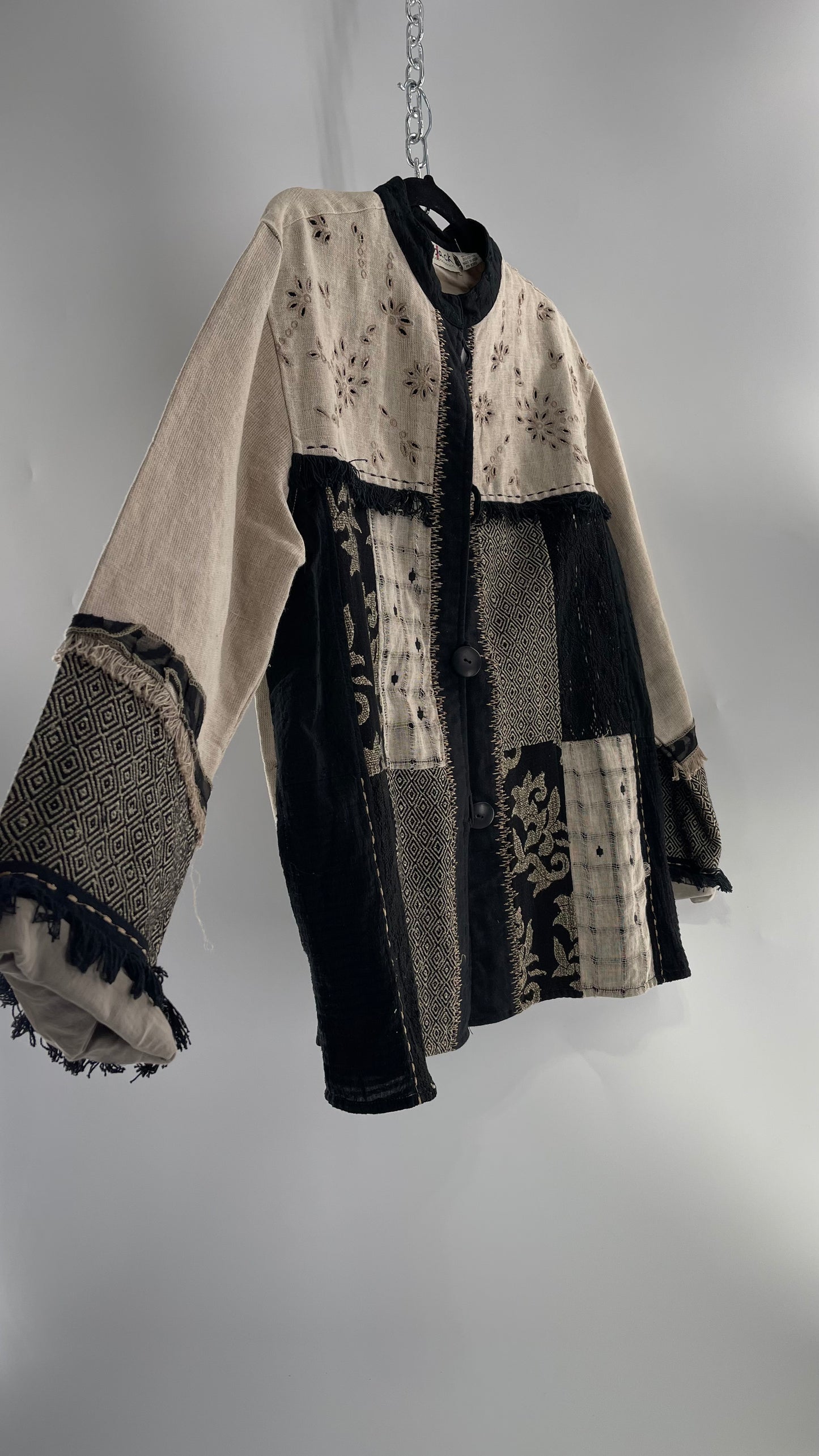Deadstock Vintage Flashback Patchwork Coat with Mixed Neutral Fabrics, Embroidery and Fringe Details (Large)