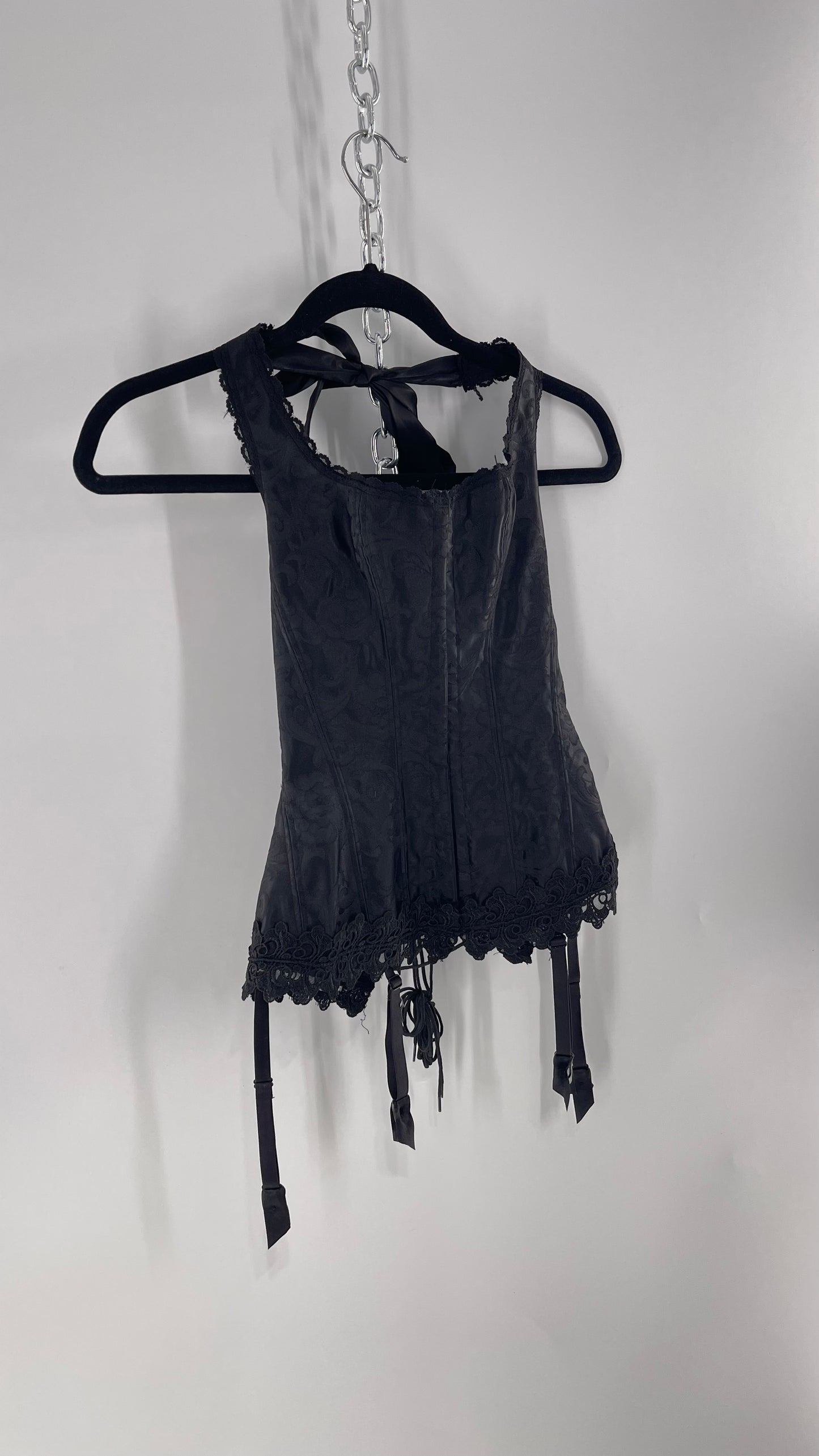 Vintage Fredericks of Hollywood Black Satin Brocade Lace Corset with Lace Tie Halter (32)