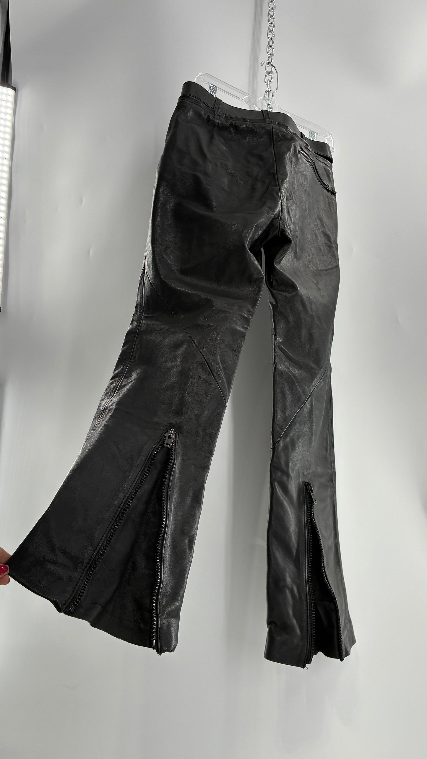 Vintage Black Italian Leather Motorcycyle Pants with Built In Belt and Zipper Detailing (XS)