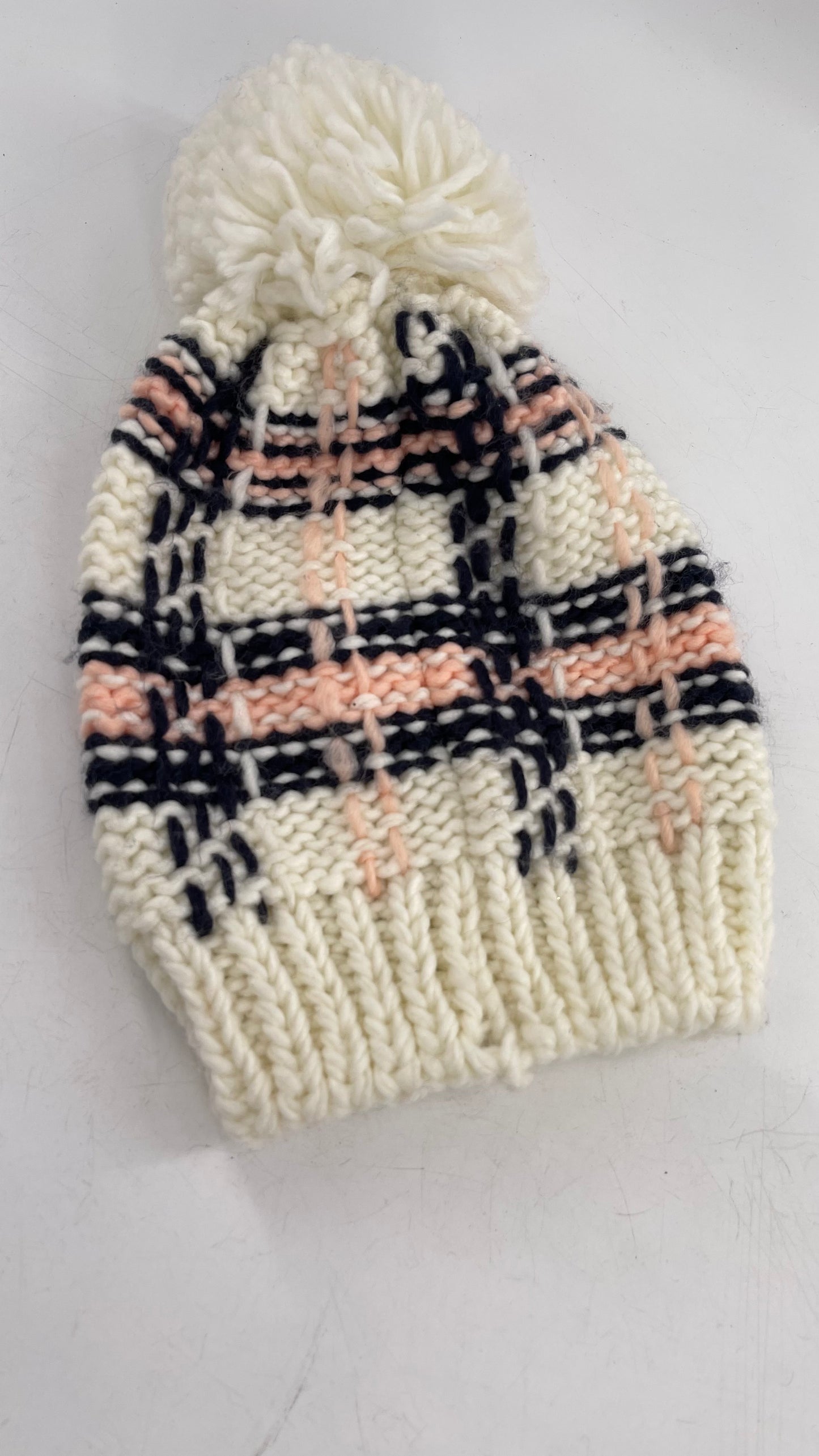 Pink Navy Plaid Patterned White Knit Beanie with Pom