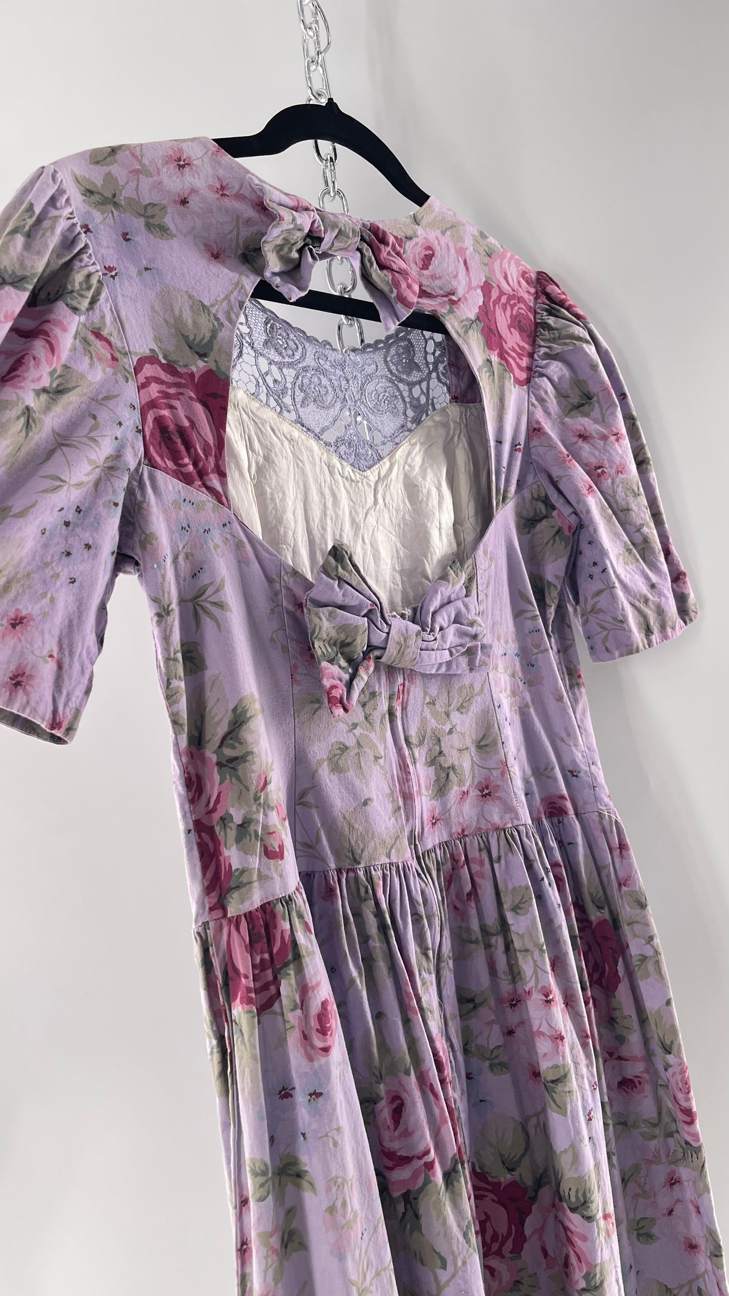 Vintage Urban Renewal Reworked and Upcycled Misty Lane Lilac/Lavender Floral Fit/Flare Dress with Sweetheart Neckline, Lace Detail and Bow Adorned Open Back (11/12)