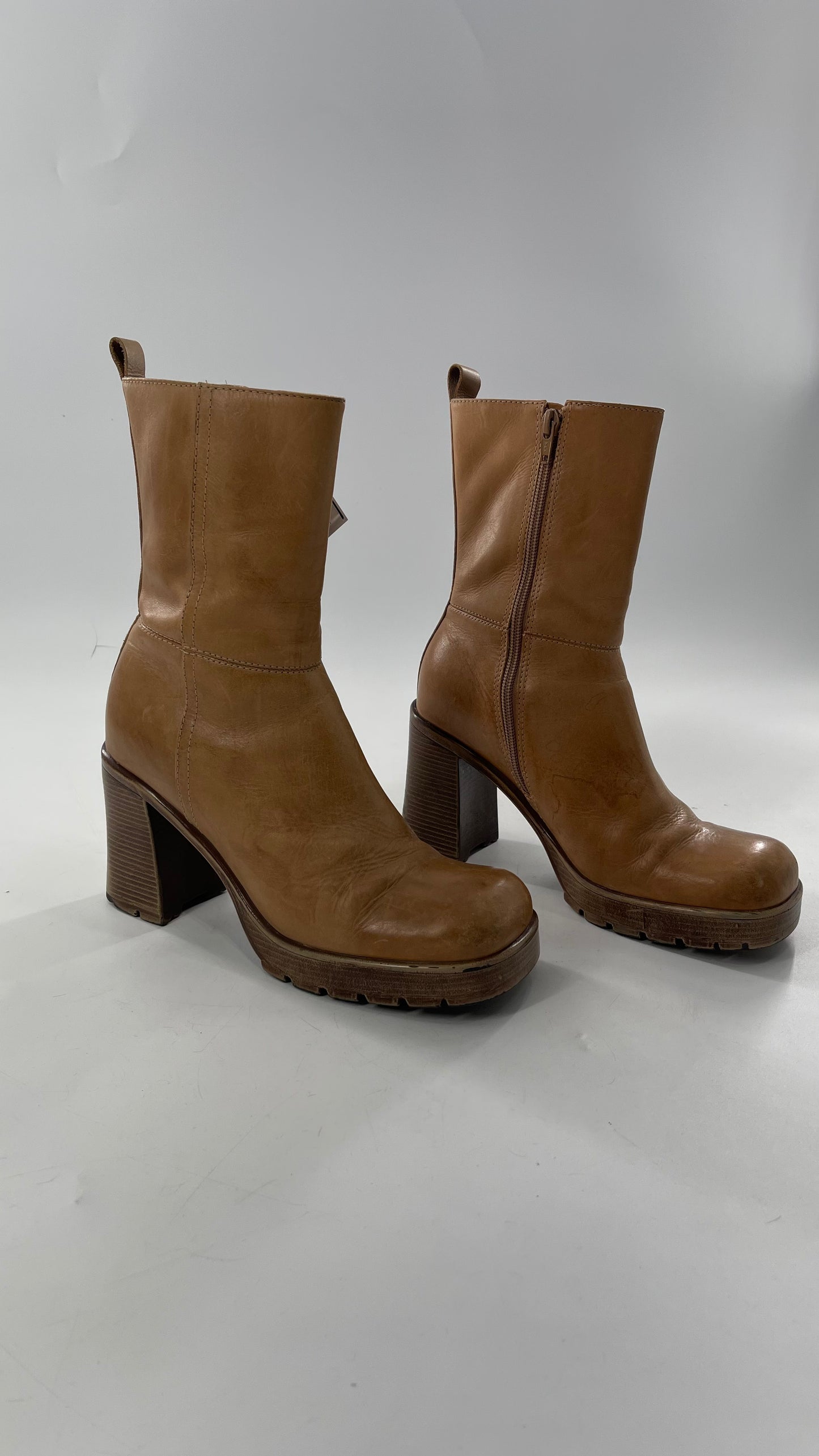 Vintage 90s Steve Madden Tan Leather Funky Square Toe Boot with Platform and Chunky Heel