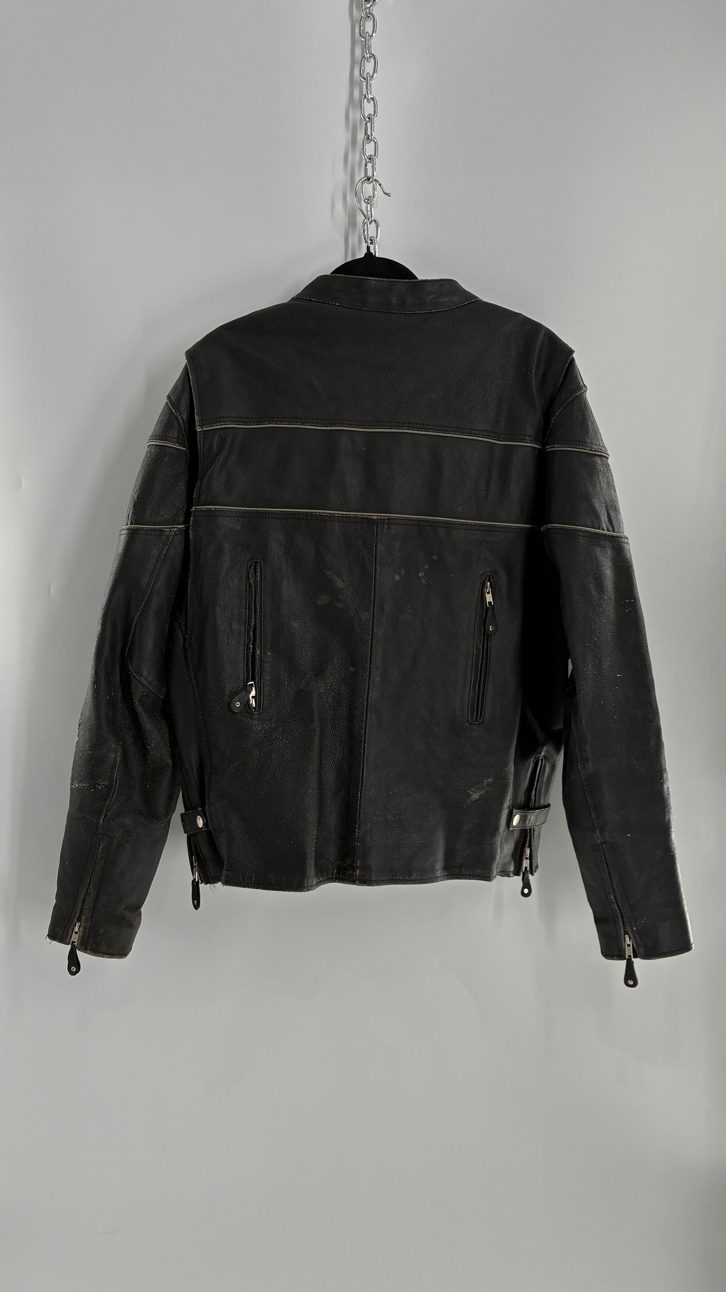 Vintage Distressed Genuine Leather Motorcycle Jacket with Zippered Pockets, Cuffs, and Sides (Large)