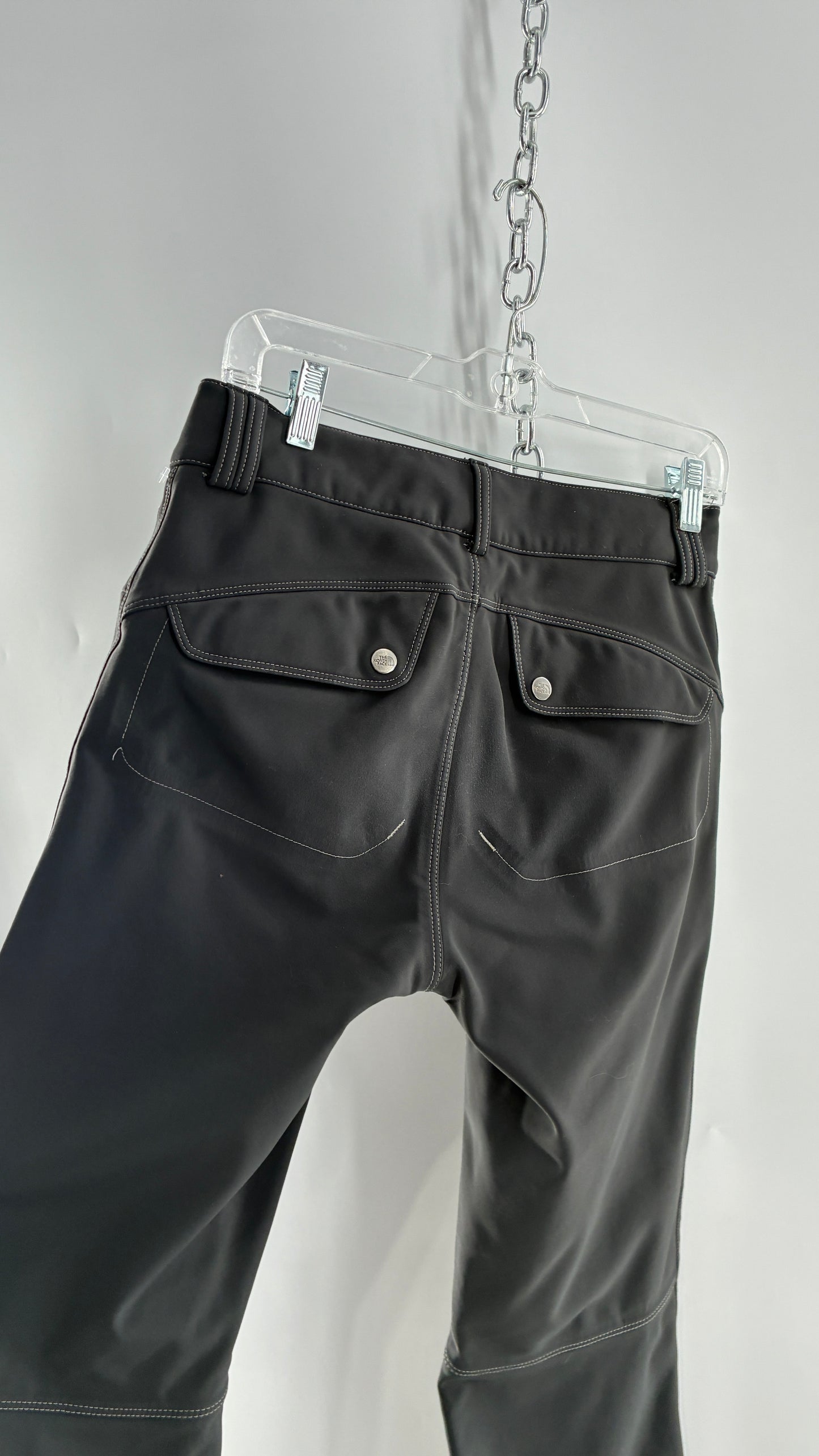 Vintage North Face Dark Gray, Low Rise, Kick Flare Pants with Contrast Stitching, Side Closure and Oversized Bum Pockets (Small)