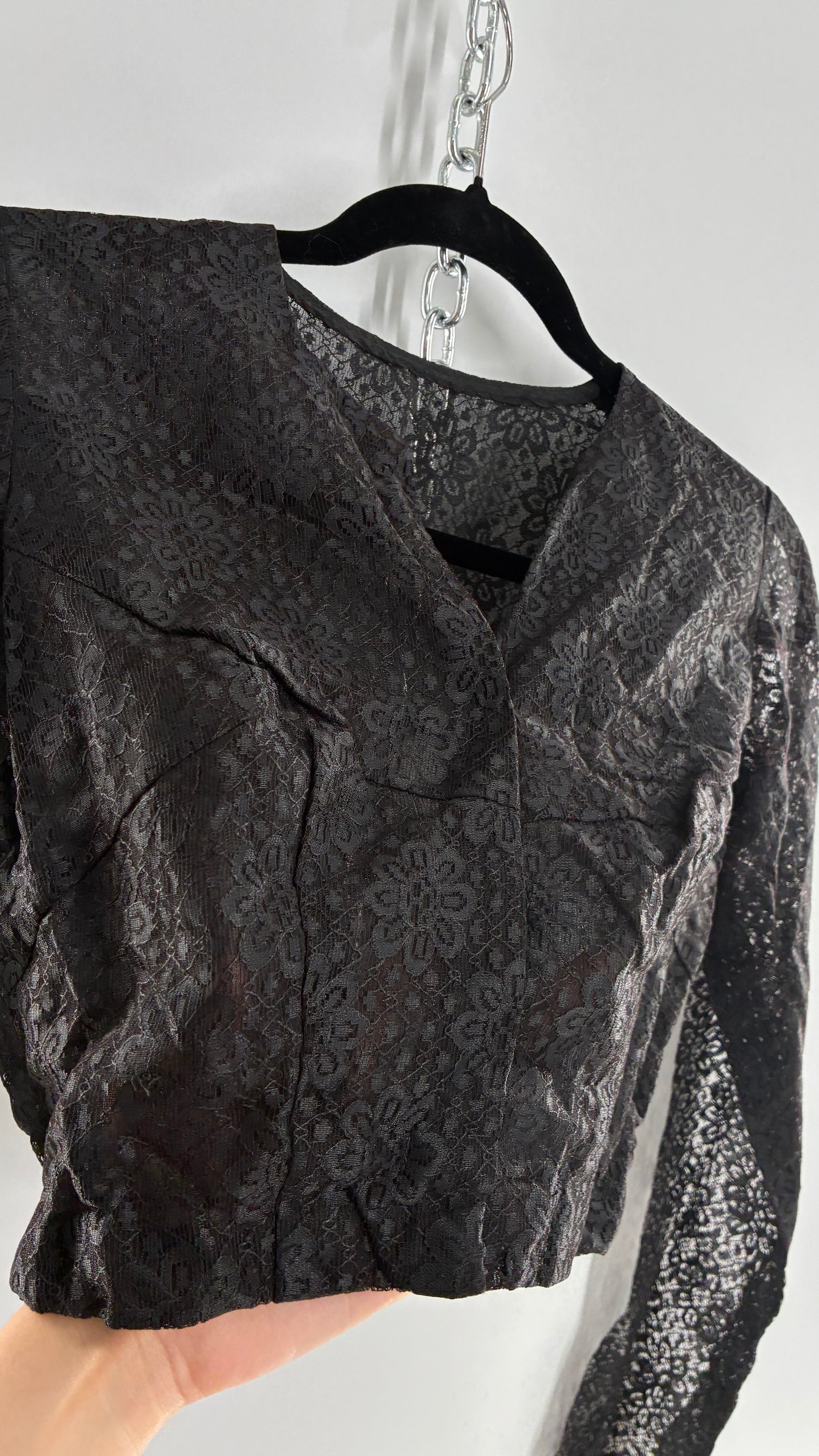 Vintage 1950s Ladies Own Black Lace Cropped Long Sleeve with Bust Stitching (Small)