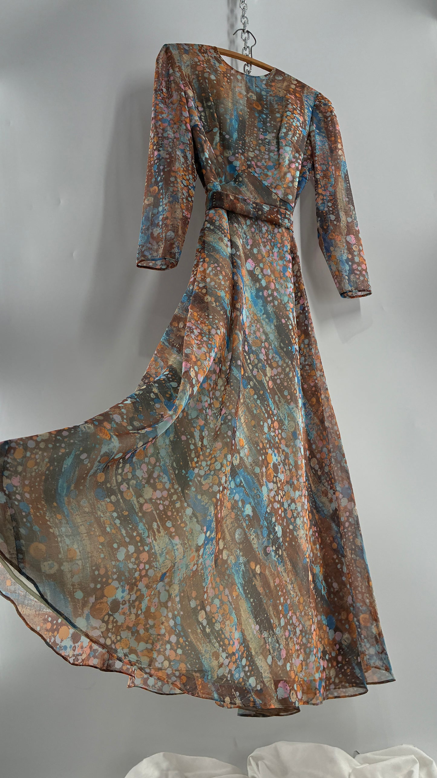 Vintage 1970s HELEN BASS Brown, Orange, Blue Voluminous Maxi Dress (S)