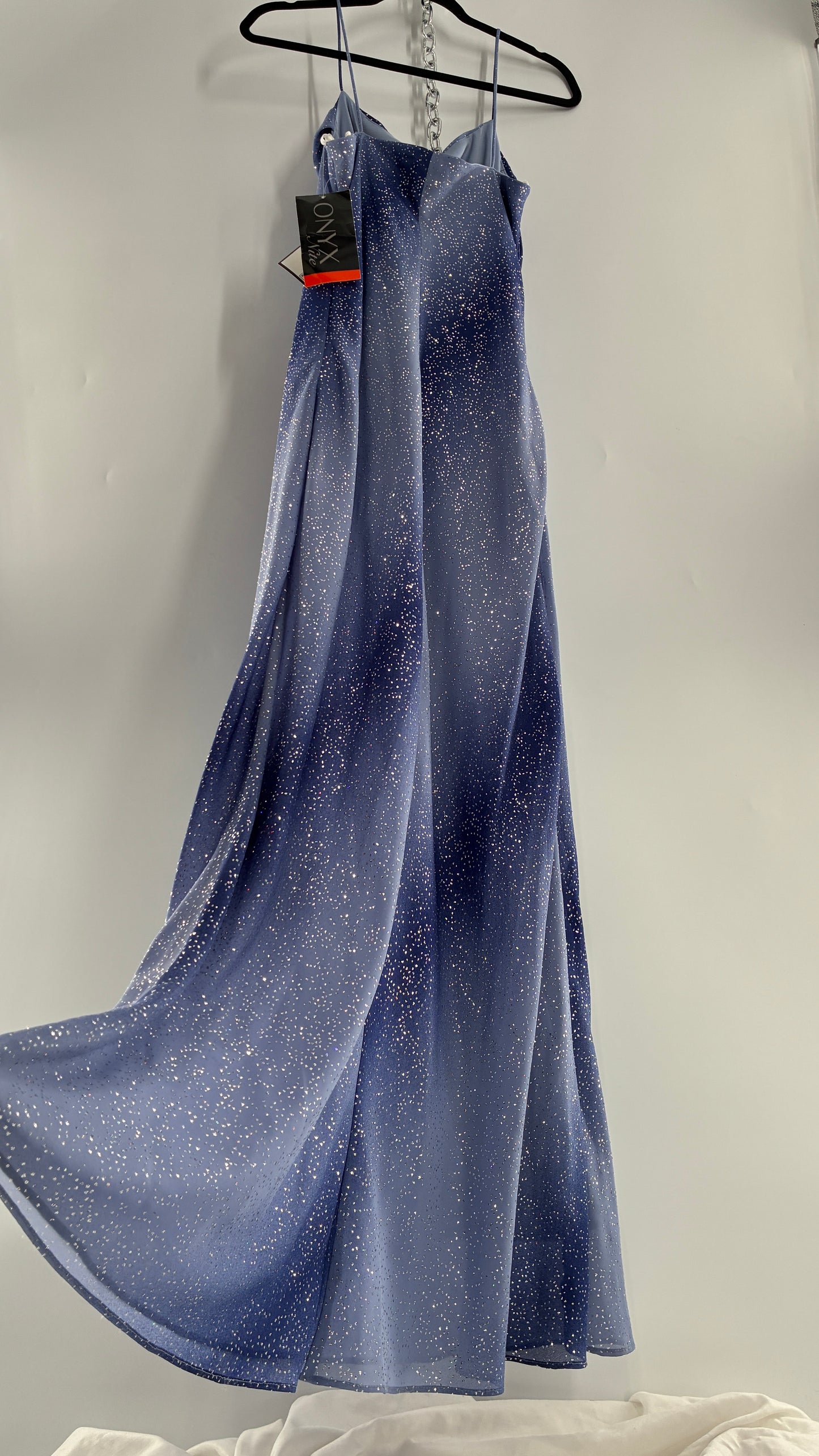 Deadstock Vintage ONYX Blue Iridescent Glitter Sparkle Draped Bust Gown (14)