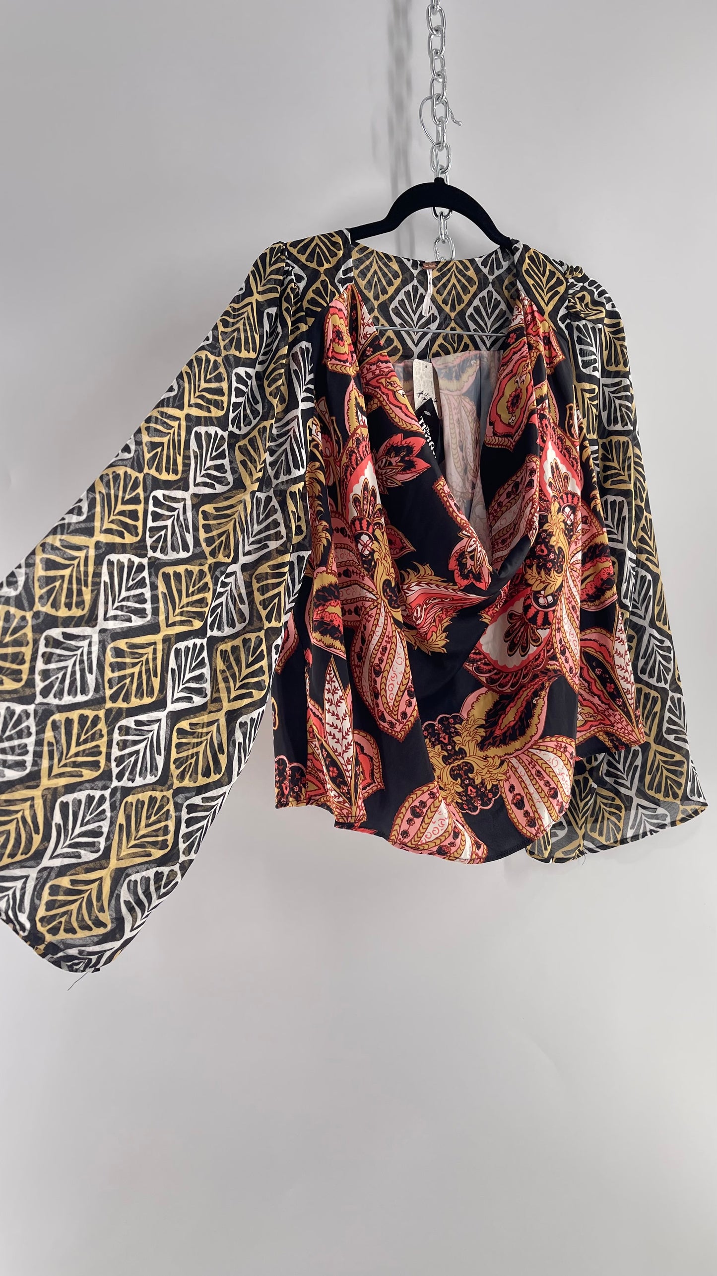 Free People Paisley Bodice Blouse with Sheer Contrast Sleeves, Draping Neckline and Tags Attached (Small)