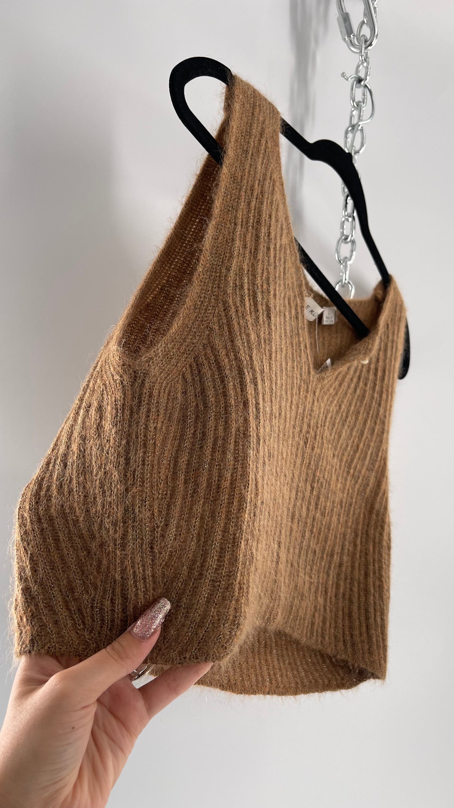 Vintage Anne Klein 42% Mohair Tan Knit Tank with Gold Tinsel (Large)