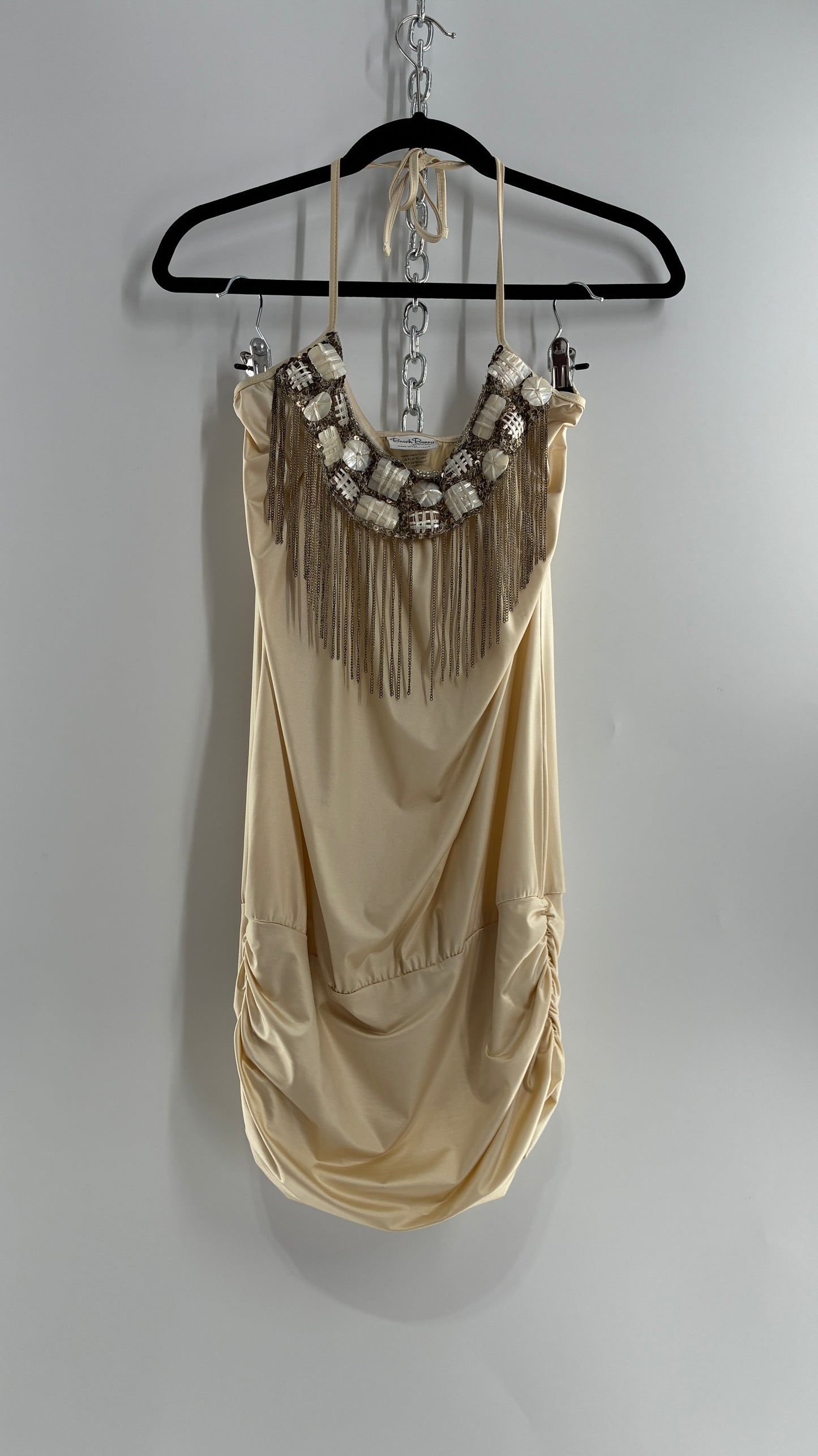 Beach Bunny Ivory Lycra Balloon Hem Mini Dress with Exaggerated, Beaded and Metal Chain Neckline (Small)