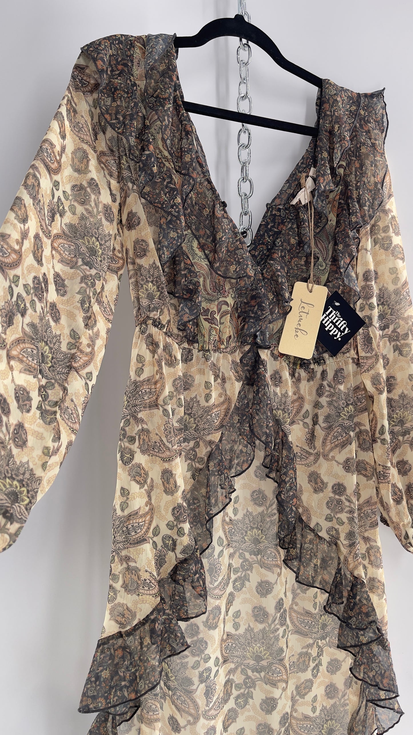 Free People Let Me Be Paisley Dual Toned High Low Sweeping Cape with Ruffled Bust and Hemline with Tags Attached (Small)