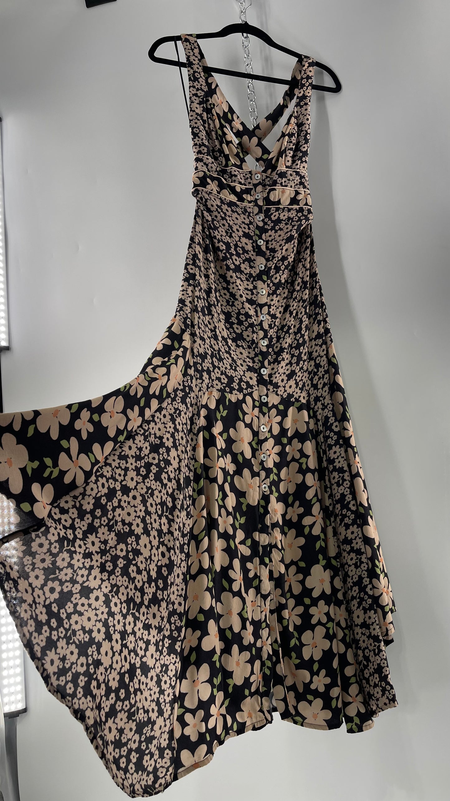 Free People Daisy Mixed Pattern Black/Beige Button Front Full Length Dress (XS)