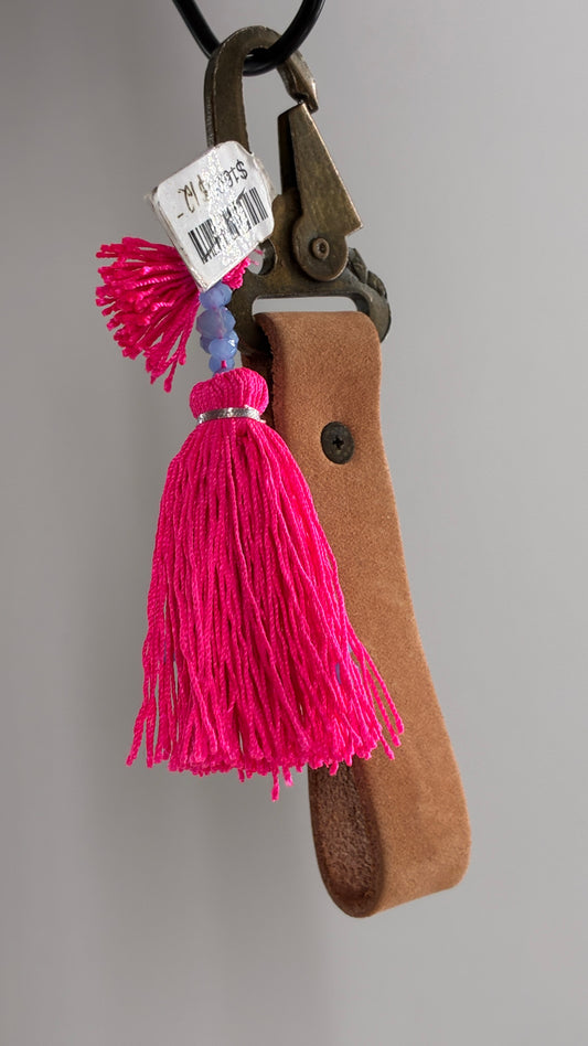 Free People Leather Wristlet Keychain with Neon Pink Beaded Tassel