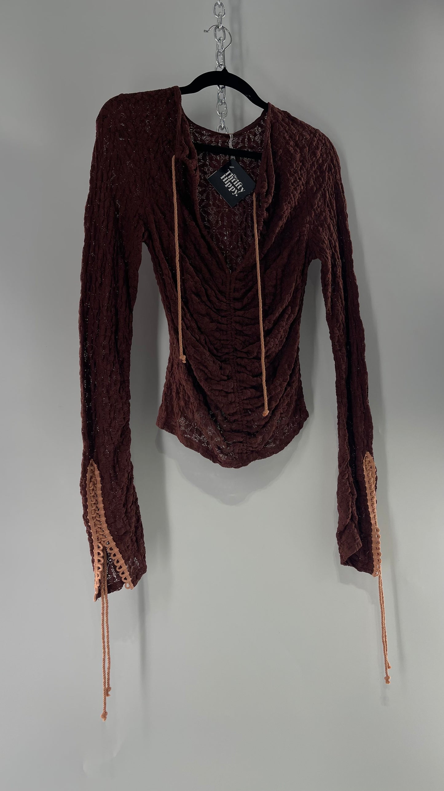 Free People Burgundy Lace Long Sleeve with Pink Lace Up Sleeve Detail (Medium)