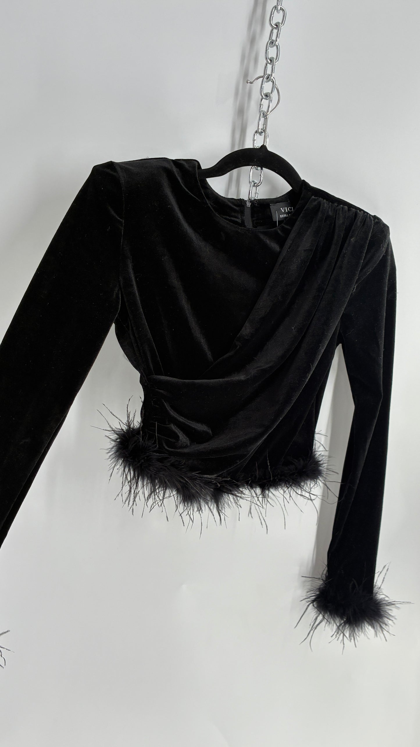 Vintage VICI Black Draped Long Sleeve with Ostrich Feather Hems and Cuff (XS)