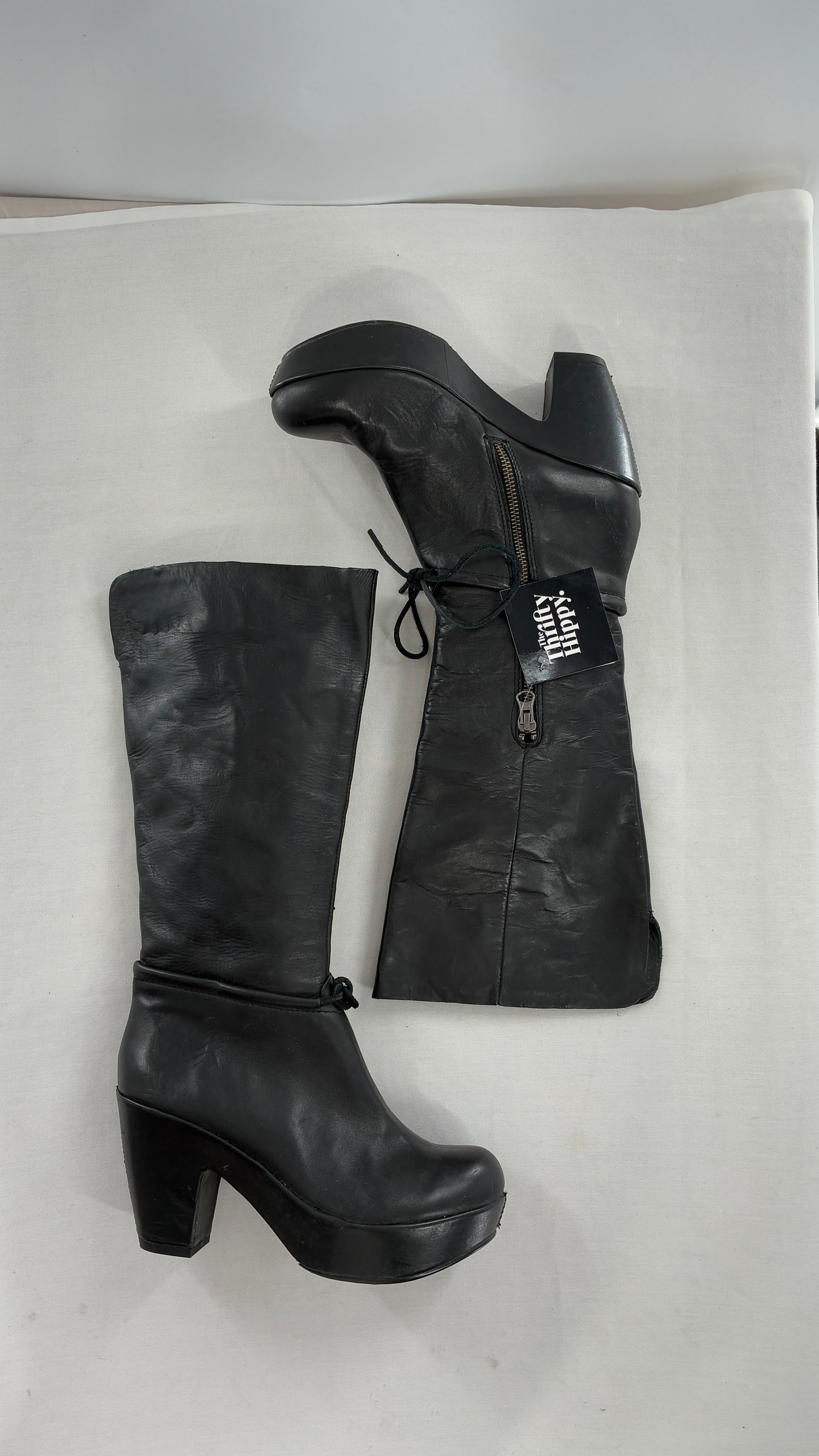 Vintage KORK EASE Black Genuine Leather Platform Clog, Knee High Boots (8/39)