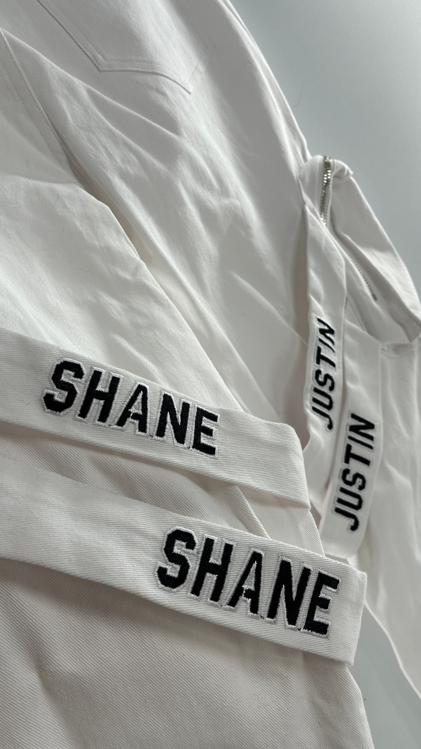 Designer SHANE JUSTIN White Stacked Extendo Cargo Pants with Embroidered Logo Pants and Tags Attached (Small)