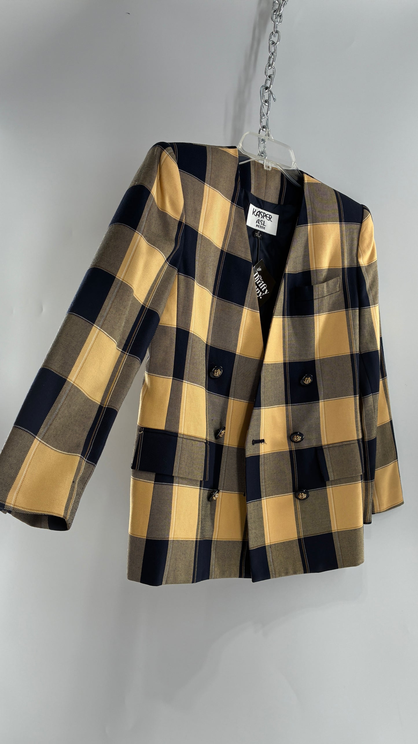 Vintage Suit Set with Yellow Plaid Double Breasted KASPER A.S.L Blazer and Upcycled Wool Mini Skirt (6)