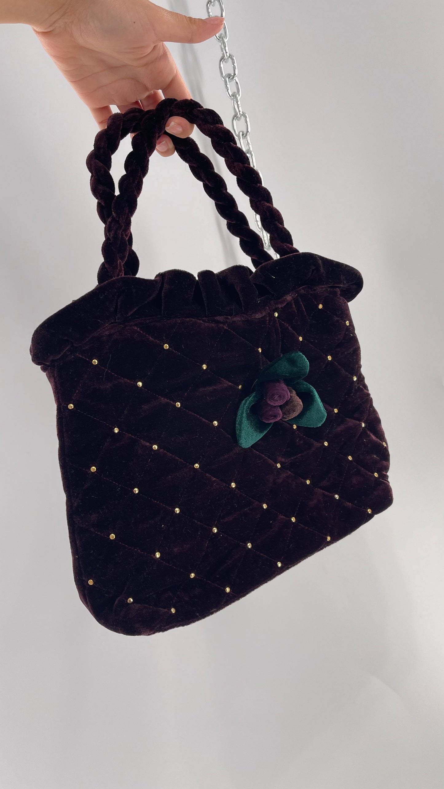 Vintage Purple Violet Velvet Quilted Purse with Rope Handles and Gold Metal Closure