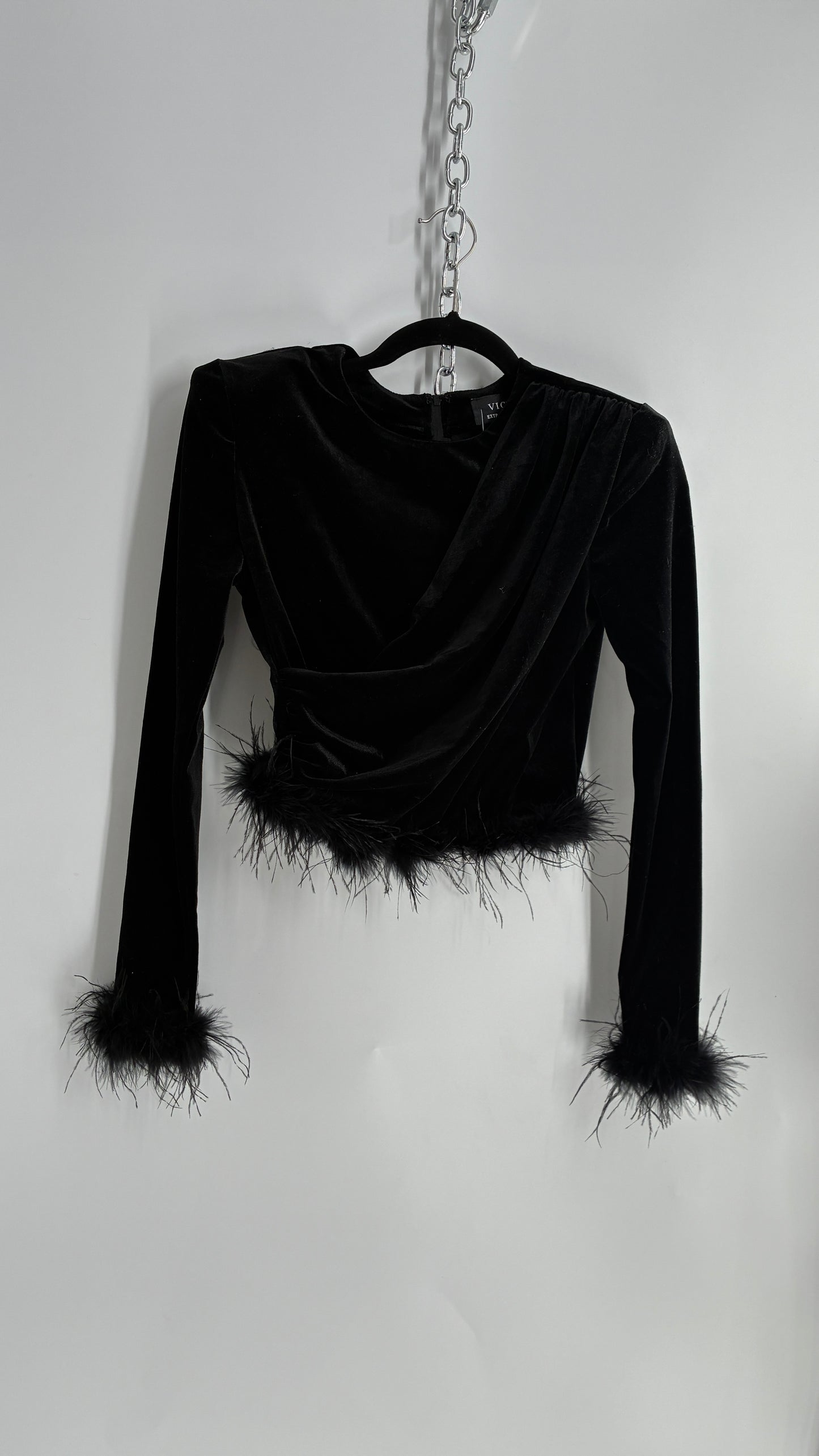 Vintage VICI Black Draped Long Sleeve with Ostrich Feather Hems and Cuff (XS)