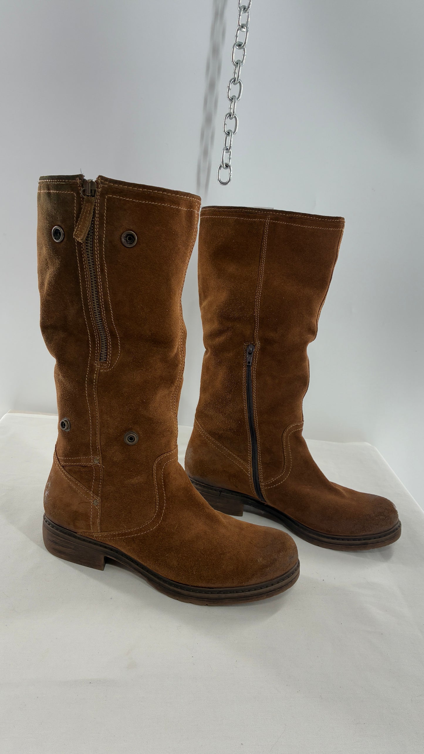 MANAS Brown Suede Leather Combat Style Boots with Fold Over Option (40)