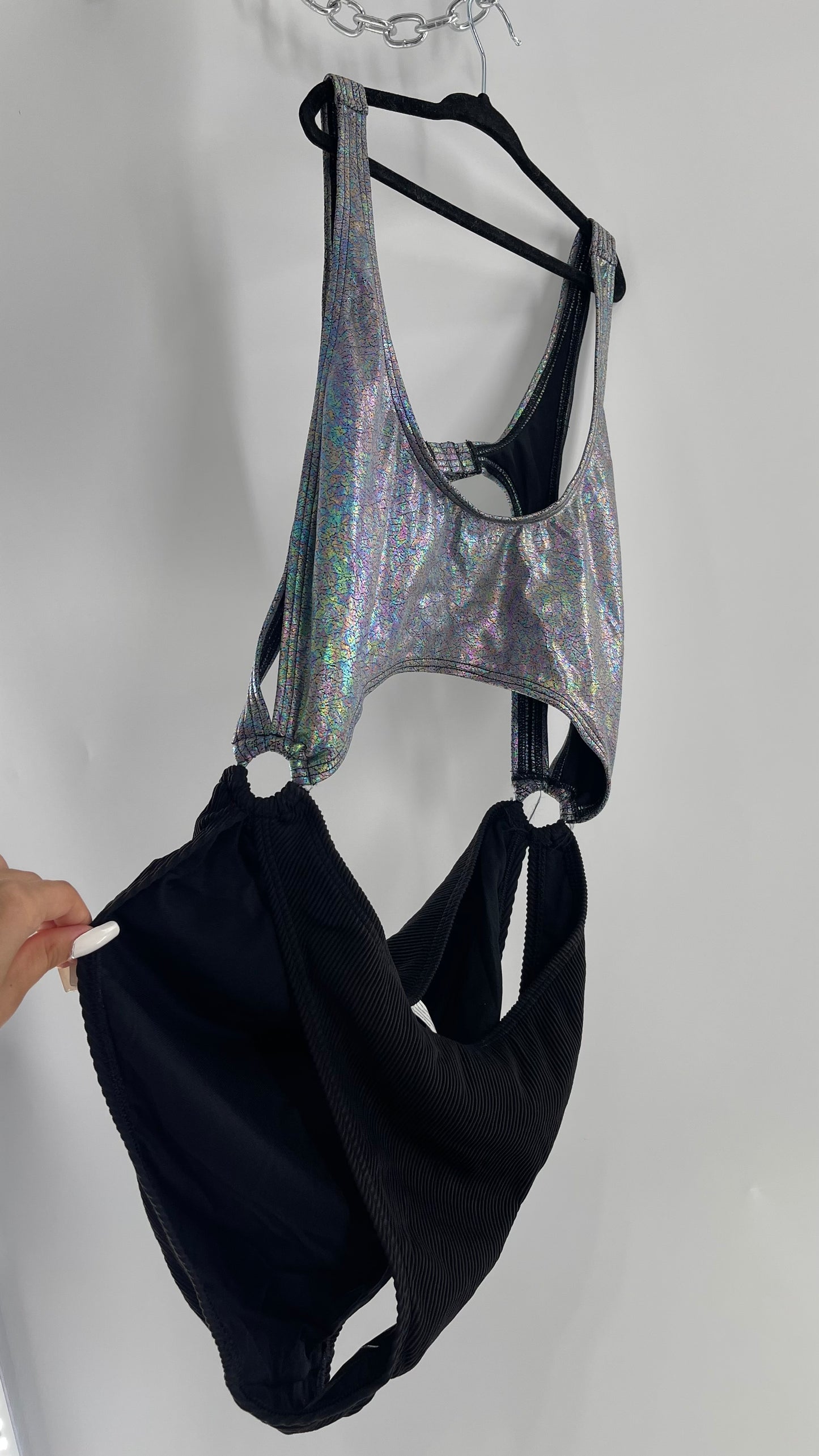 Urban Outfitters Out From Under Bathing Suit Metallic Gas Spill Top and Ribbed Black Bottom Connected by Rings (Large)