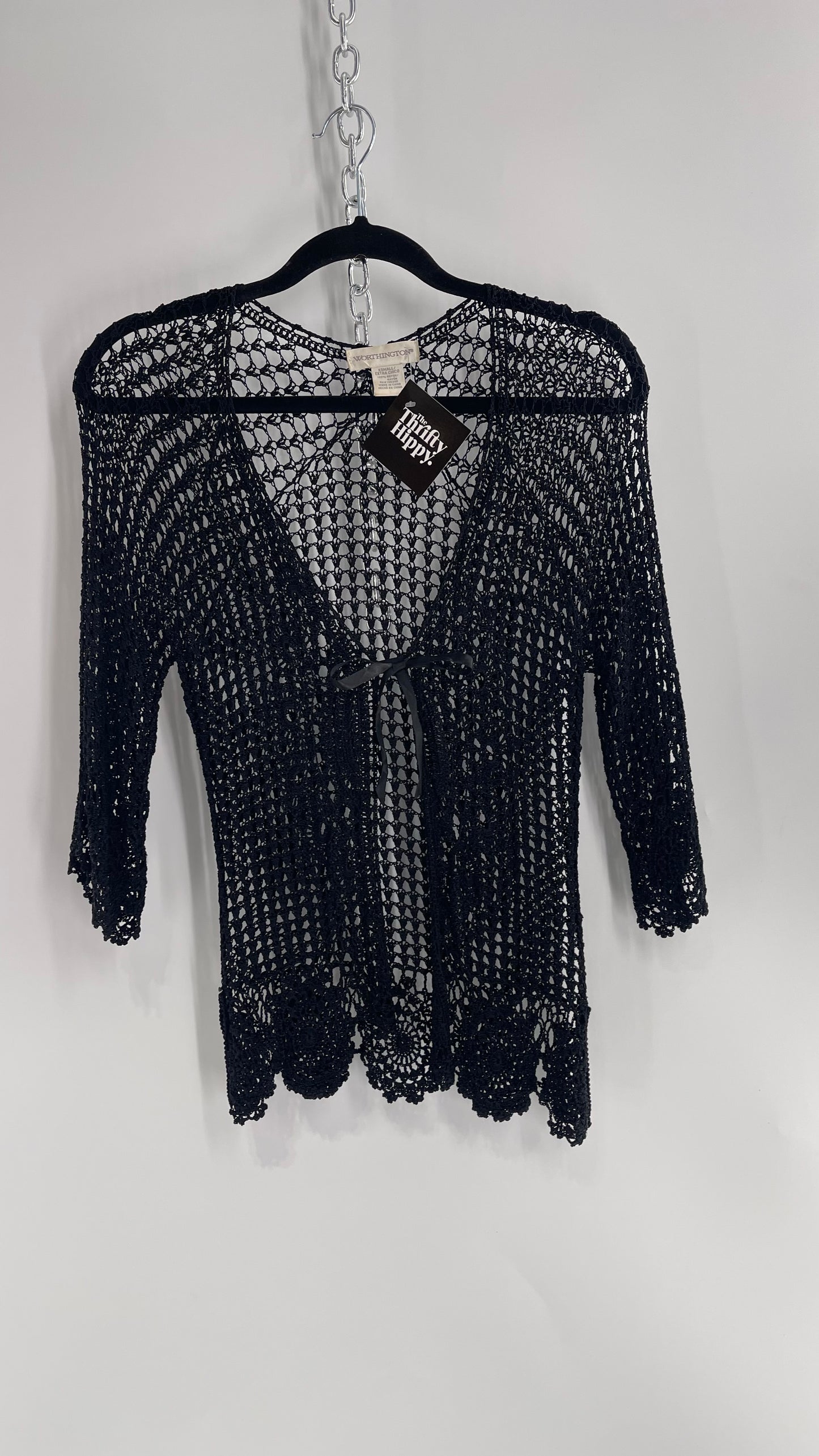 Vintage Black Crochet Slinky Top with Ribbon Bust Tie (XS)
