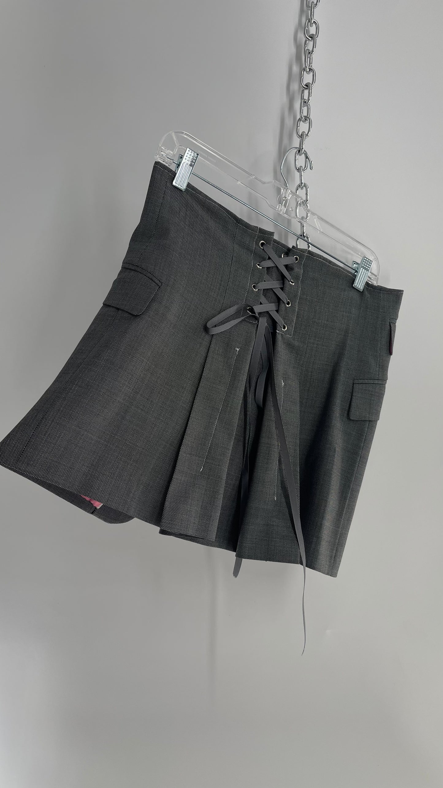 Custom Handmade Gray 2Piece Suit Set with Pink Satin Lining, Cropped Blazer, and Corseted Skirt (S-L)