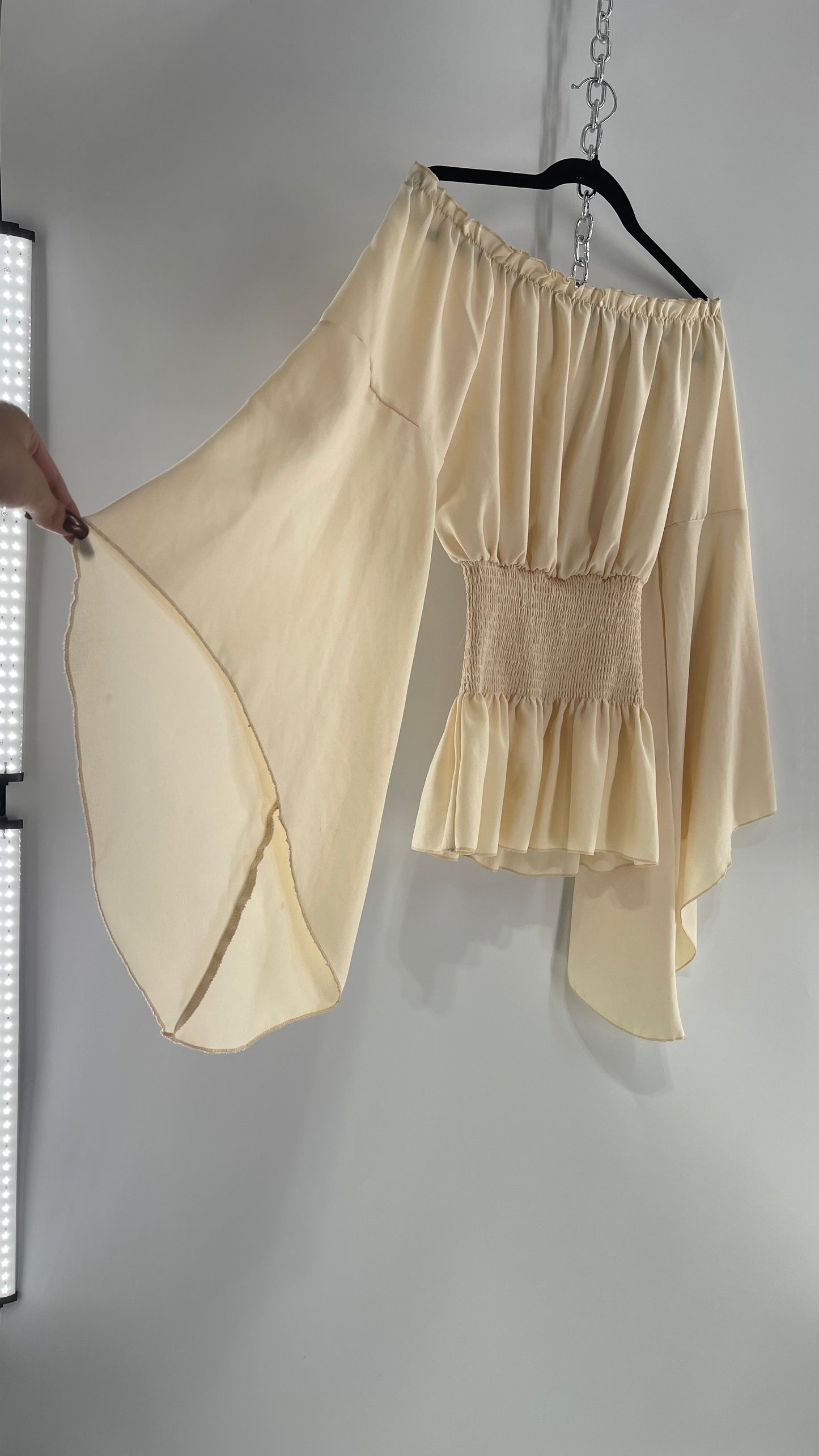 Vintage Off White Smocked Waist Bell Sleeve Wanderlust Blouse(S/M)